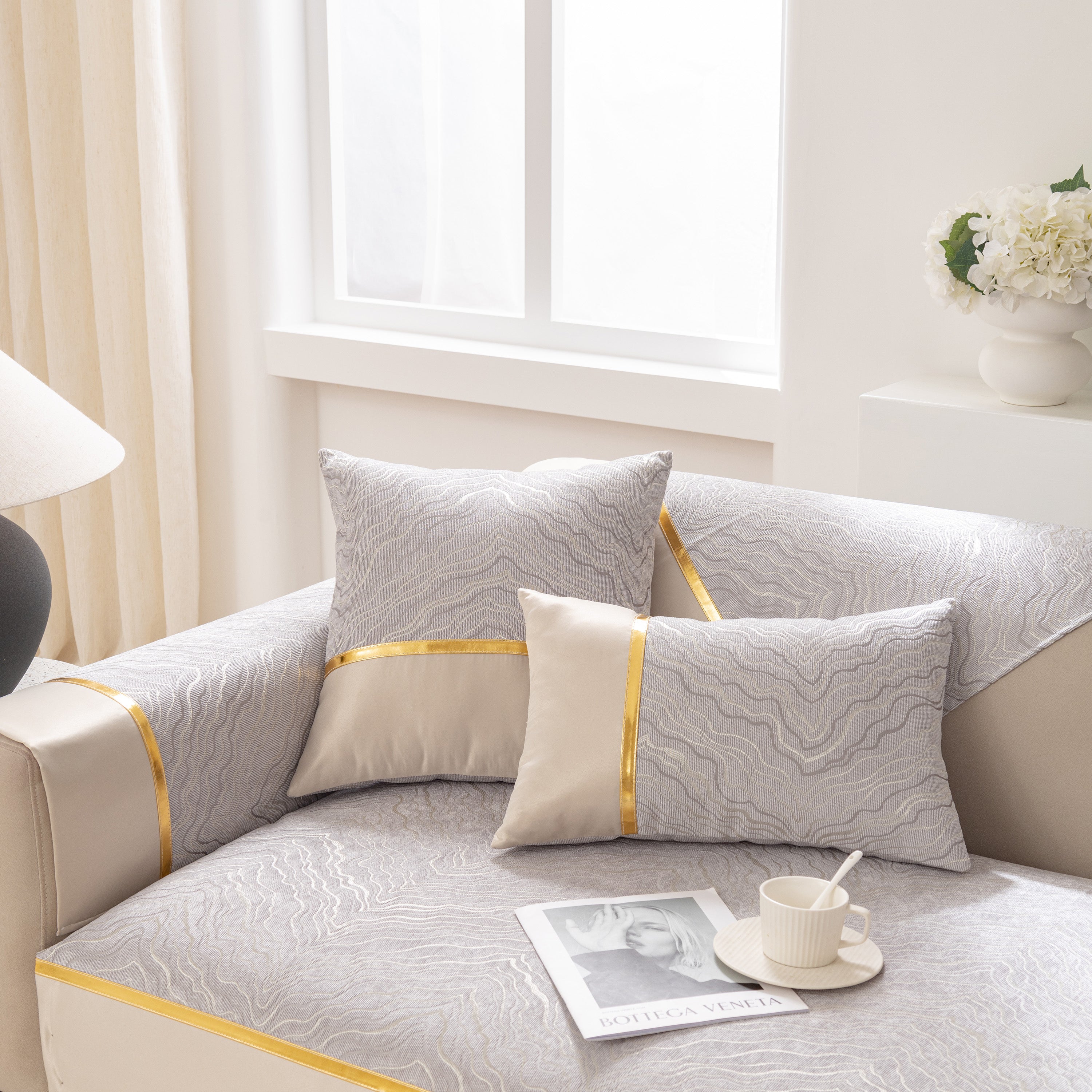 Modular Sofa Cover For Sectionals, Gold Striped Non-slip Couch Protector