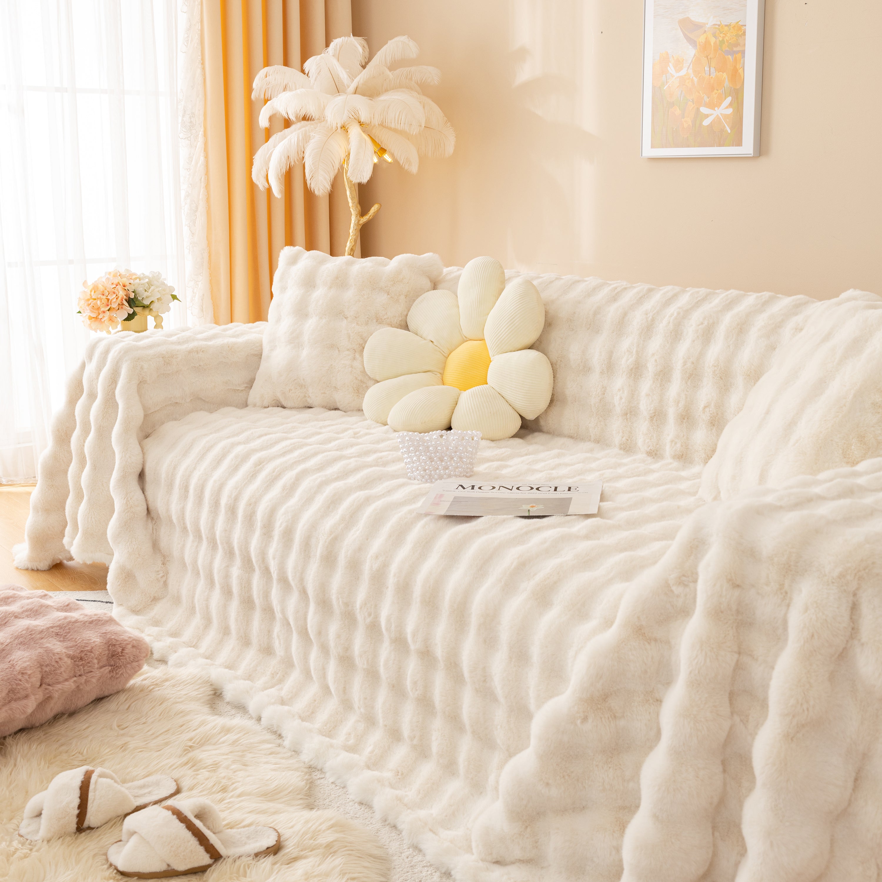 Super Soft Fluffy Faux Rabbit Fur Sofa Throw Blanket, Couch Cover Blanket For Couches Living Room Furniture Throw
