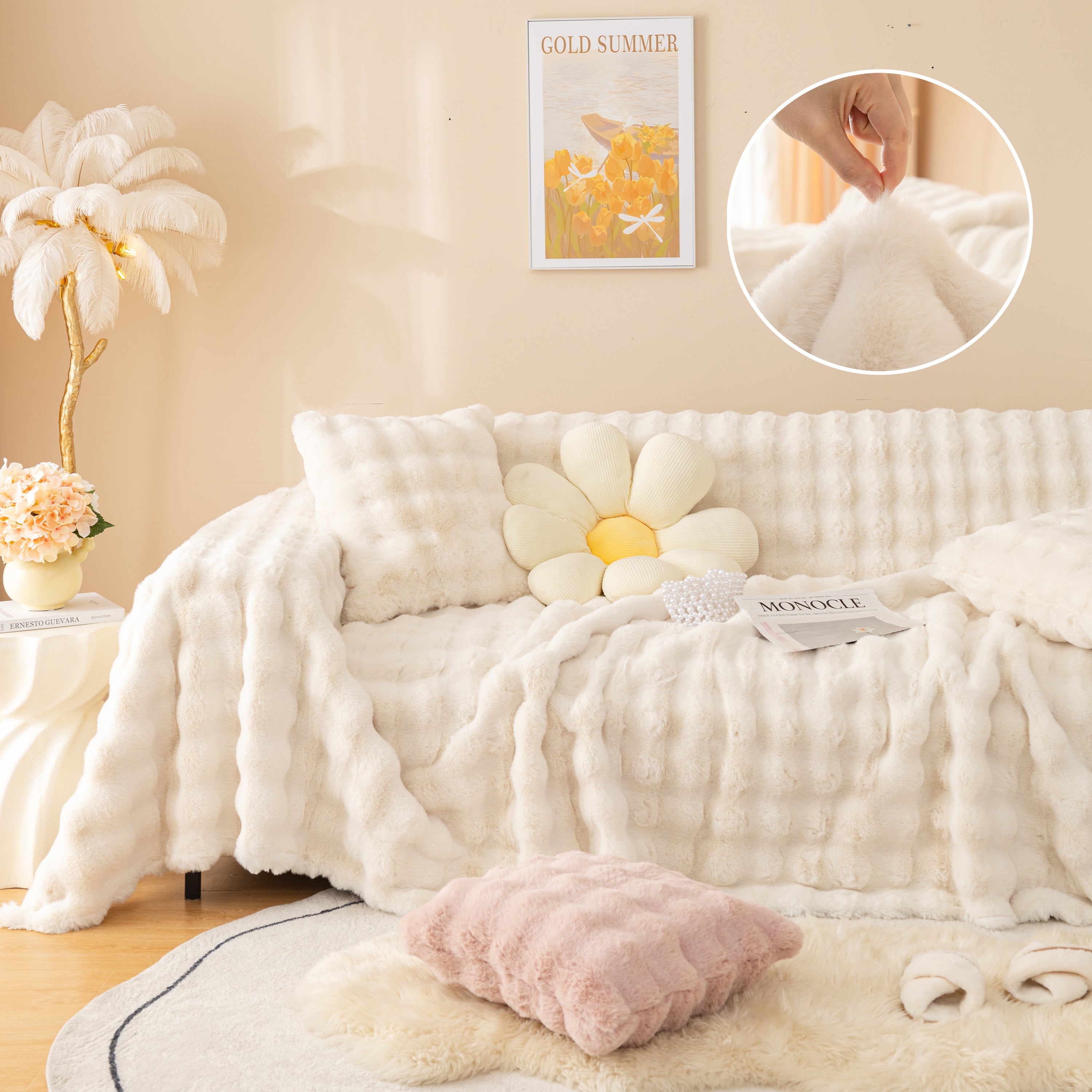Super Soft Fluffy Faux Rabbit Fur Sofa Throw Blanket, Couch Cover Blanket For Couches Living Room Furniture Throw