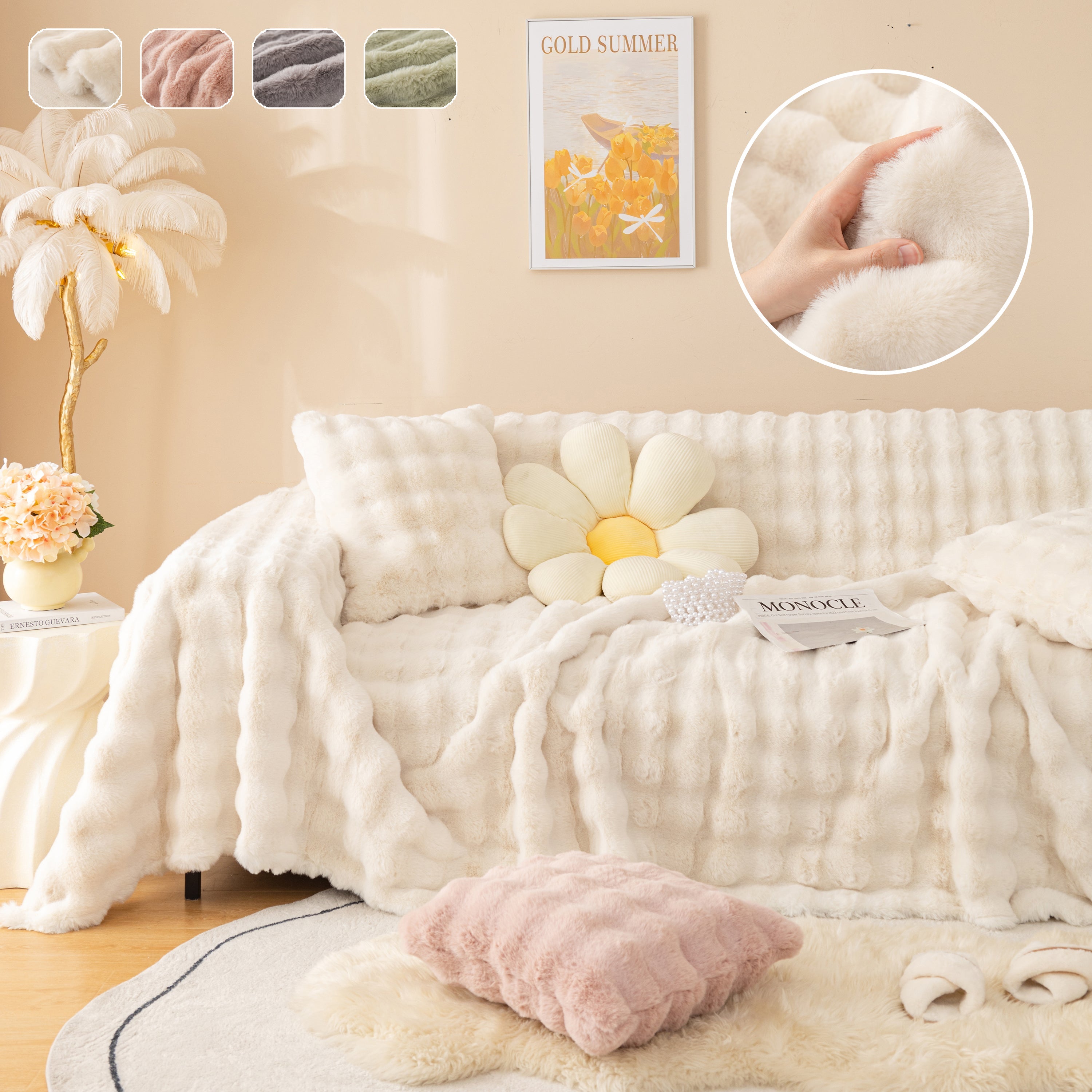 Super Soft Fluffy Faux Rabbit Fur Sofa Throw Blanket, Couch Cover Blanket For Couches Living Room Furniture Throw
