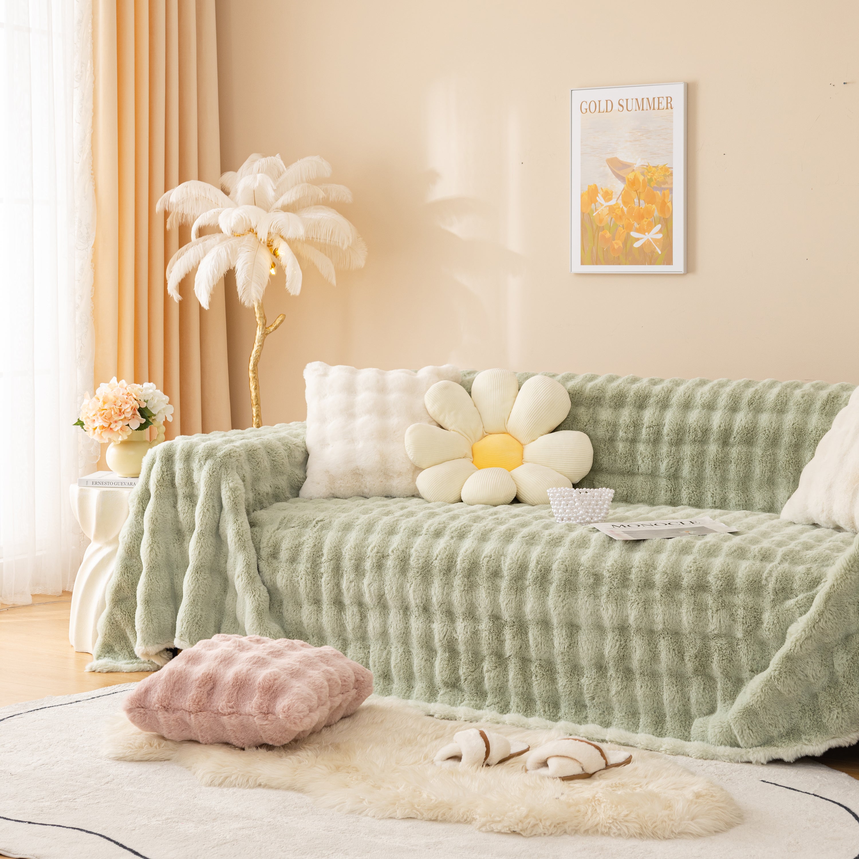 Super Soft Fluffy Faux Rabbit Fur Sofa Throw Blanket, Couch Cover Blanket For Couches Living Room Furniture Throw