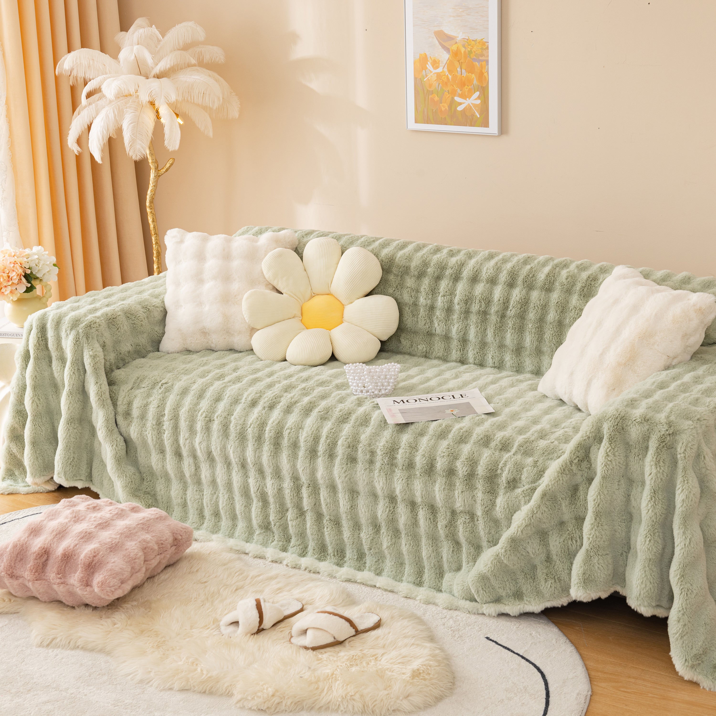 Super Soft Fluffy Faux Rabbit Fur Sofa Throw Blanket, Couch Cover Blanket For Couches Living Room Furniture Throw