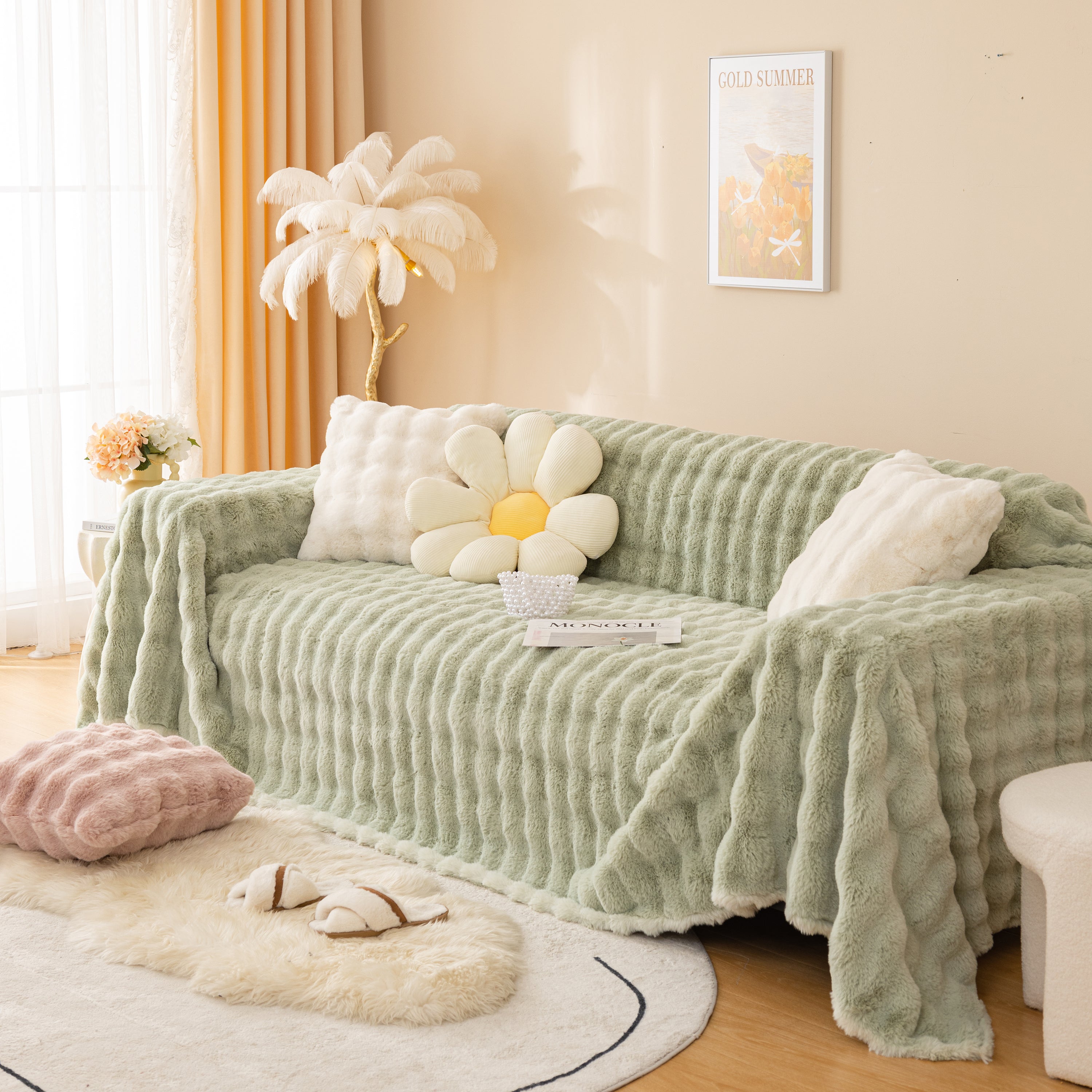 Super Soft Fluffy Faux Rabbit Fur Sofa Throw Blanket, Couch Cover Blanket For Couches Living Room Furniture Throw