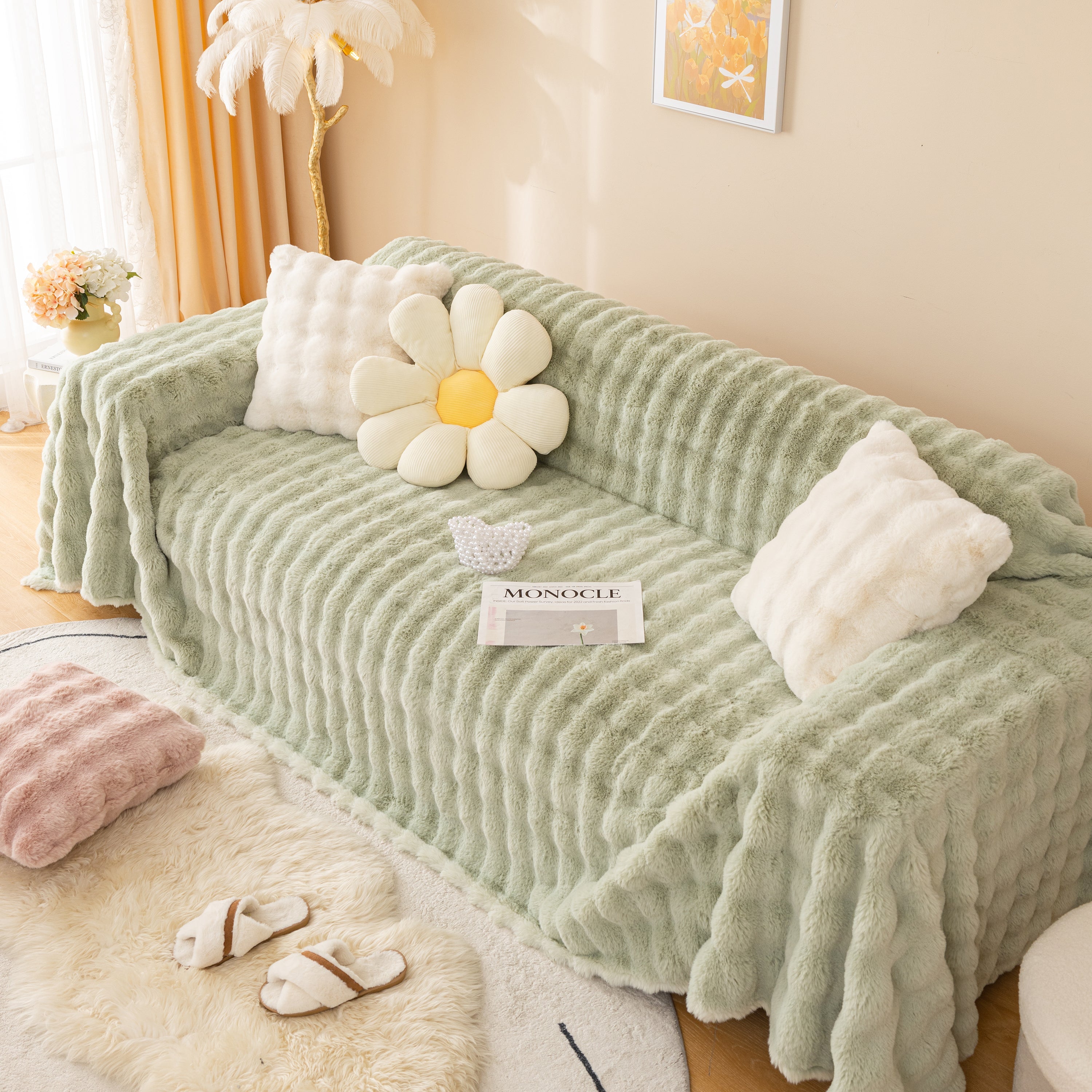Super Soft Fluffy Faux Rabbit Fur Sofa Throw Blanket, Couch Cover Blanket For Couches Living Room Furniture Throw