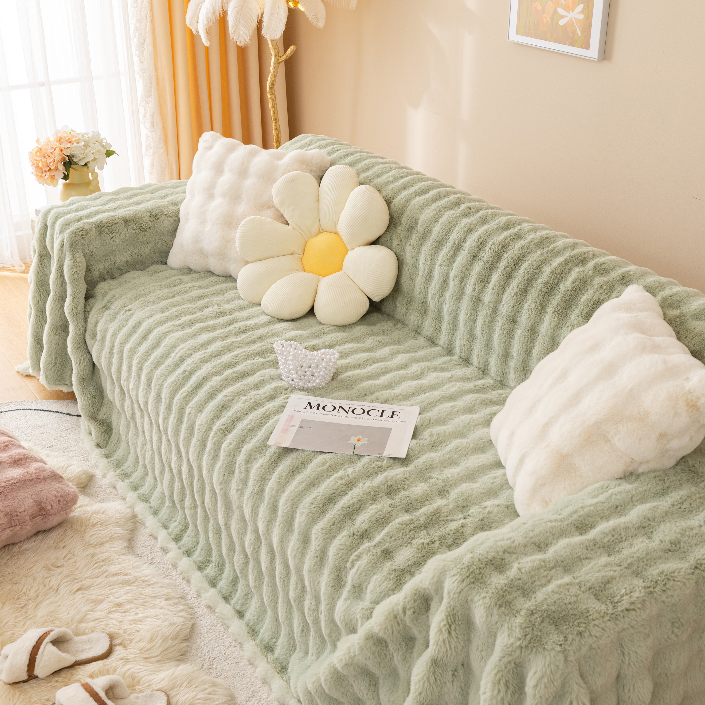 Super Soft Fluffy Faux Rabbit Fur Sofa Throw Blanket, Couch Cover Blanket For Couches Living Room Furniture Throw