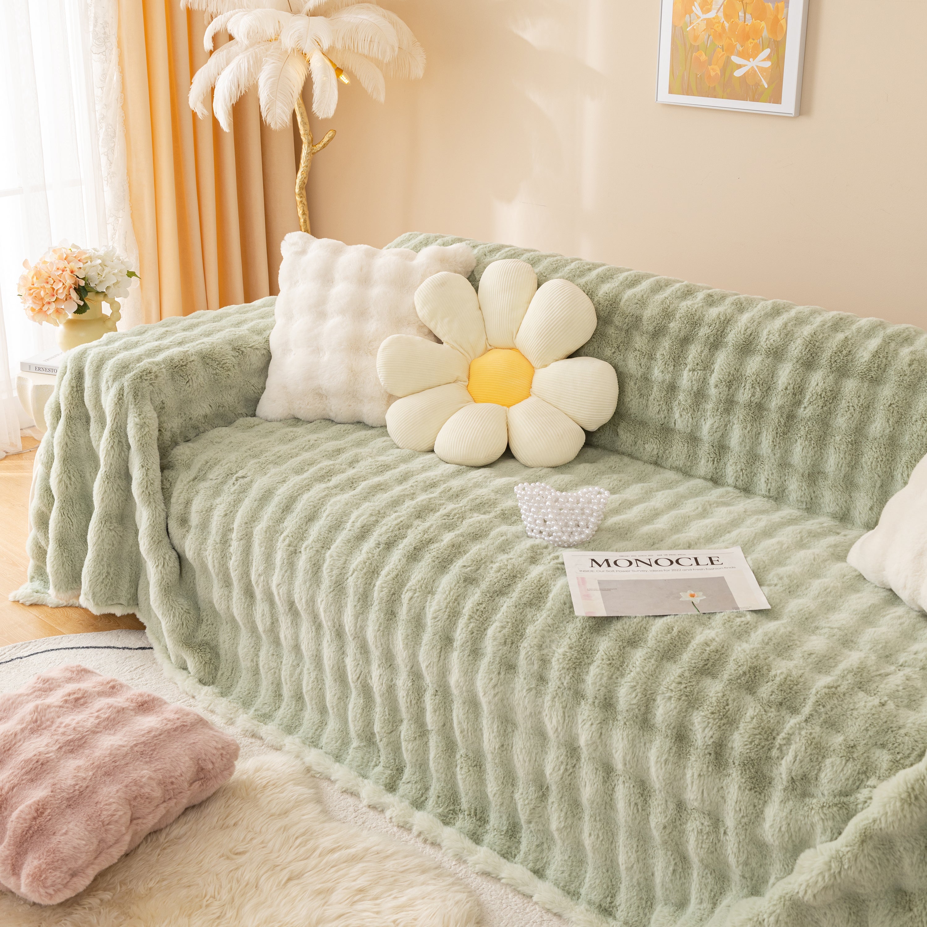 Super Soft Fluffy Faux Rabbit Fur Sofa Throw Blanket, Couch Cover Blanket For Couches Living Room Furniture Throw