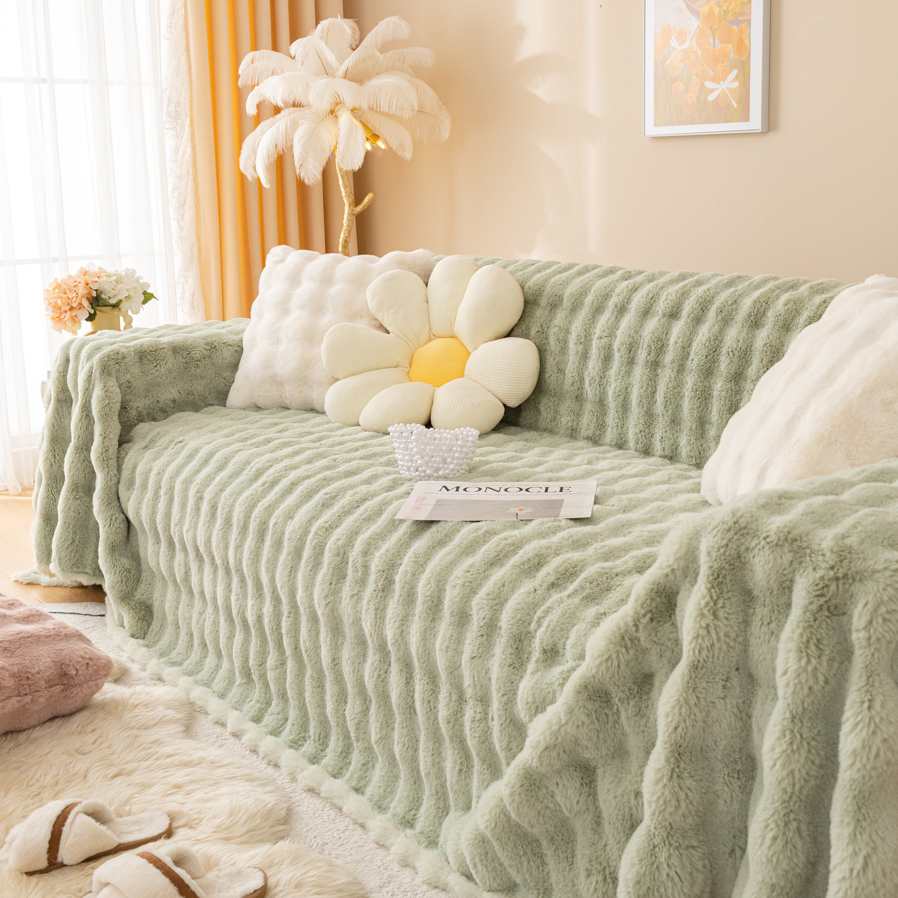 Super Soft Fluffy Faux Rabbit Fur Sofa Throw Blanket, Couch Cover Blanket For Couches Living Room Furniture Throw