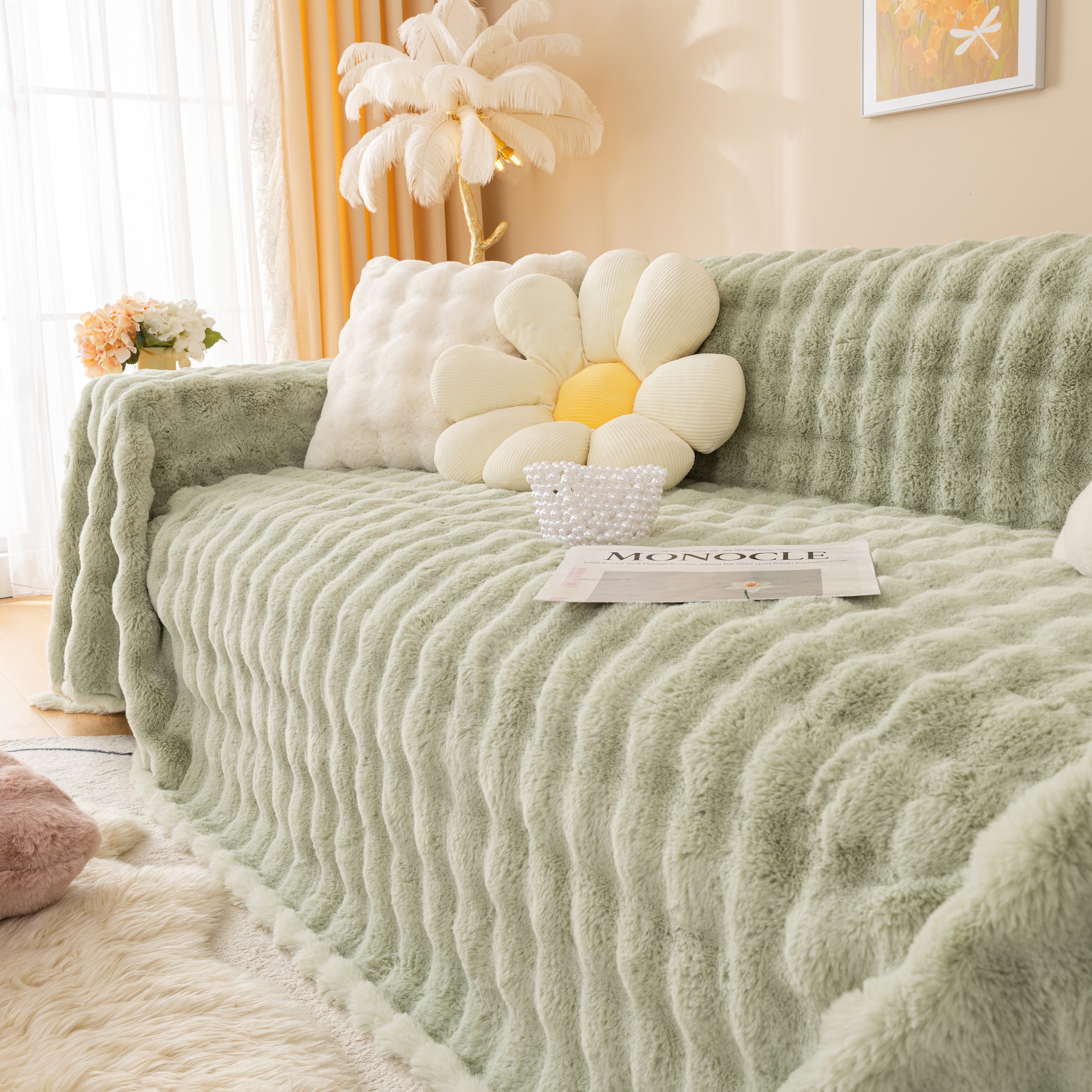 Super Soft Fluffy Faux Rabbit Fur Sofa Throw Blanket, Couch Cover Blanket For Couches Living Room Furniture Throw