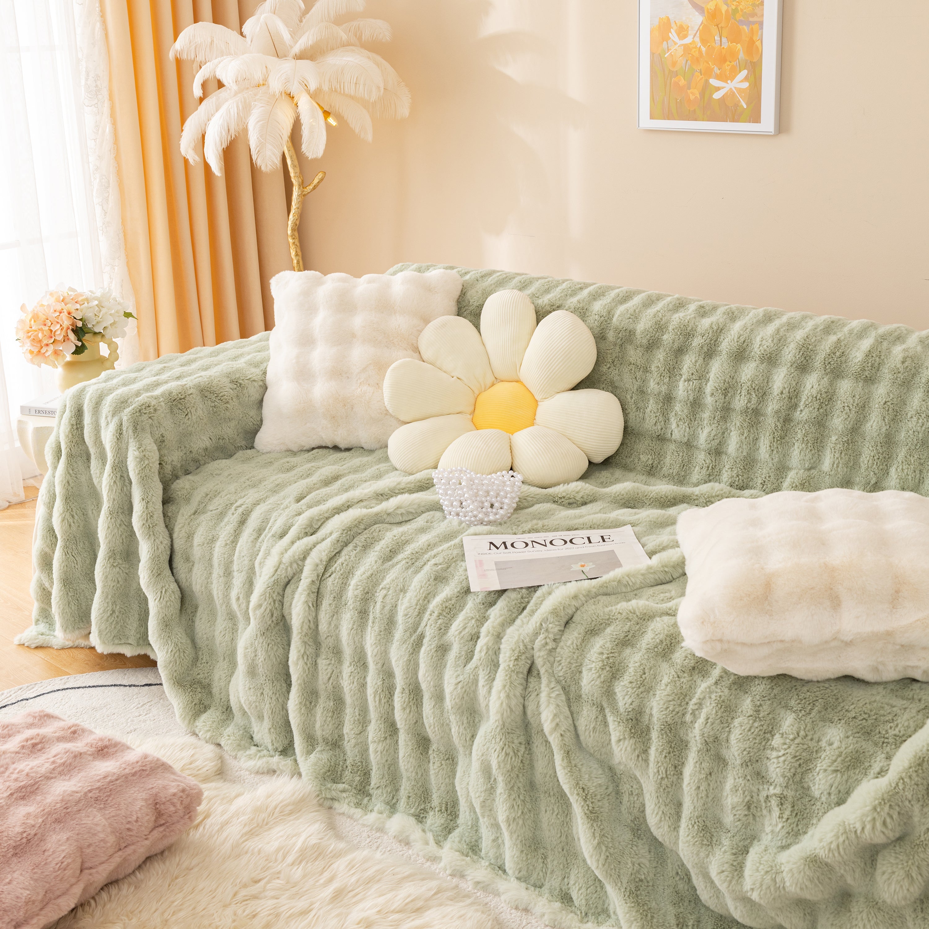 Super Soft Fluffy Faux Rabbit Fur Sofa Throw Blanket, Couch Cover Blanket For Couches Living Room Furniture Throw