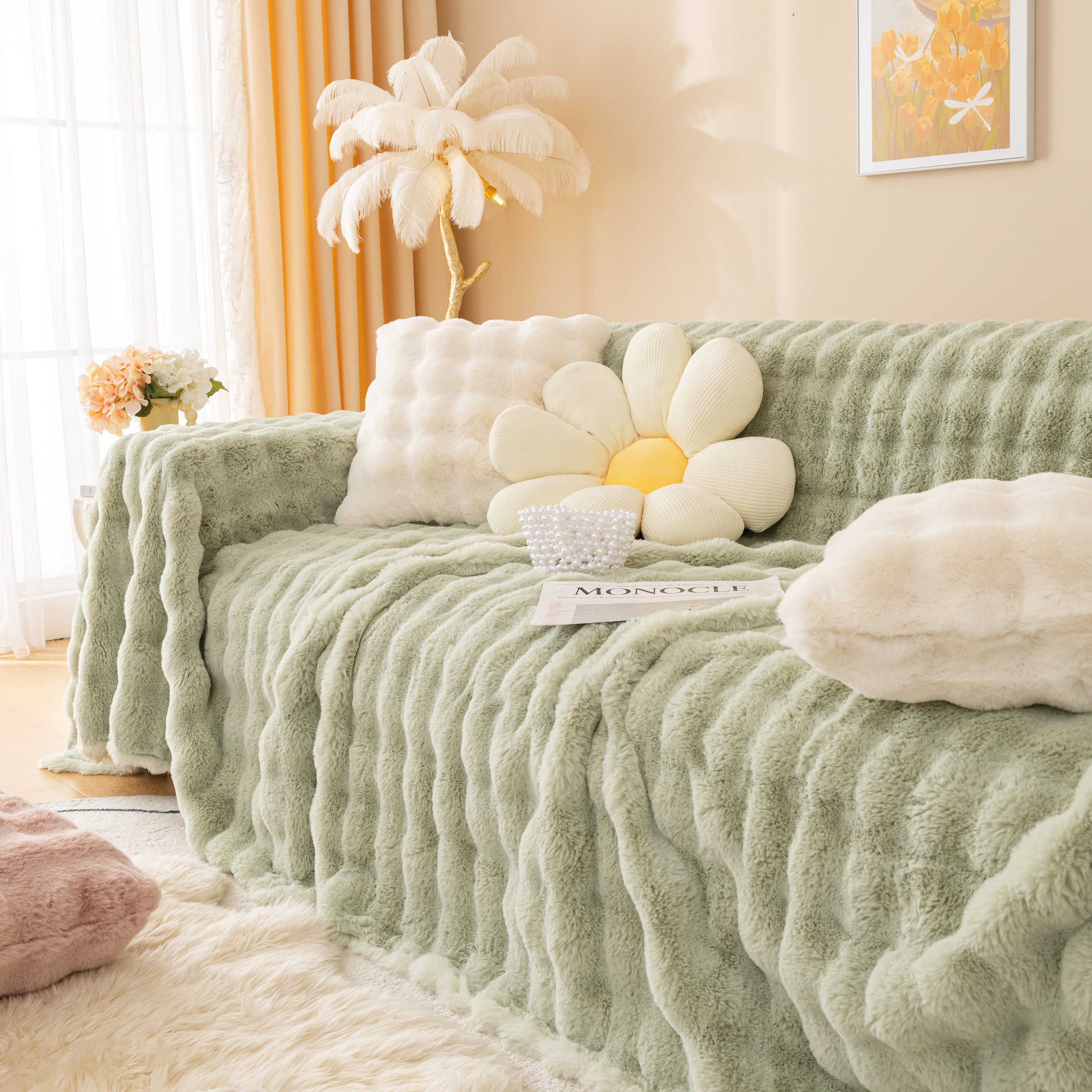 Super Soft Fluffy Faux Rabbit Fur Sofa Throw Blanket, Couch Cover Blanket For Couches Living Room Furniture Throw