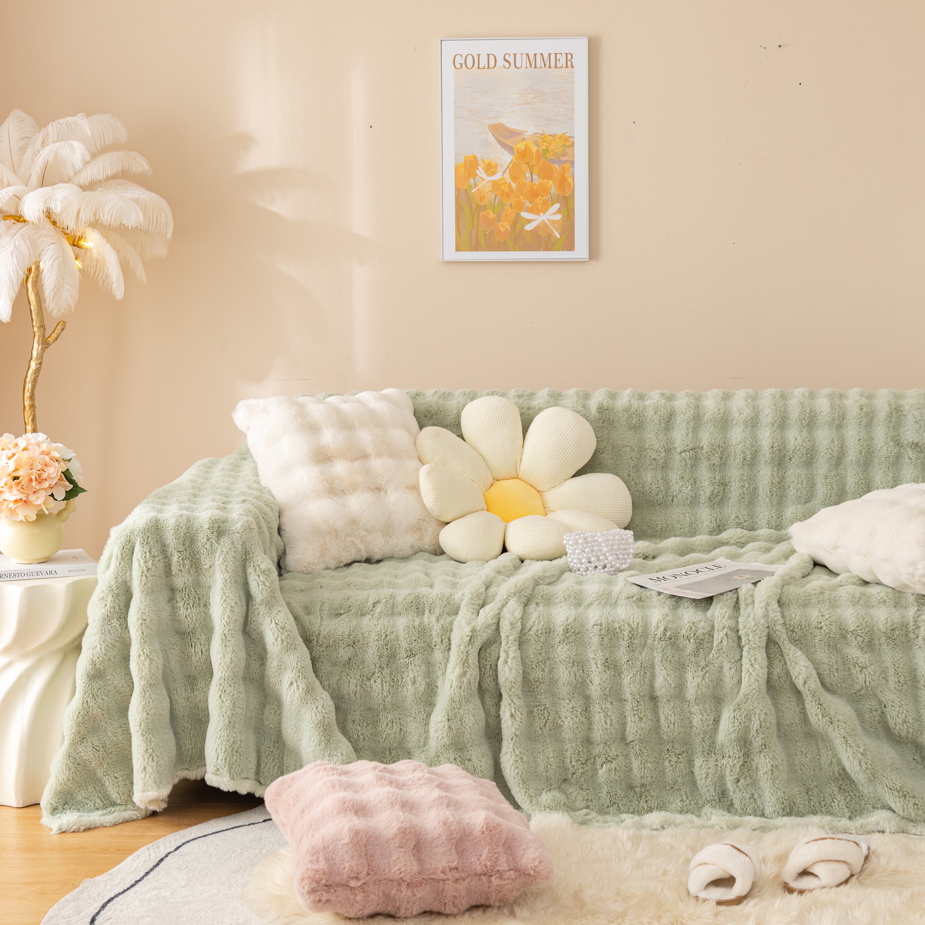 Super Soft Fluffy Faux Rabbit Fur Sofa Throw Blanket, Couch Cover Blanket For Couches Living Room Furniture Throw