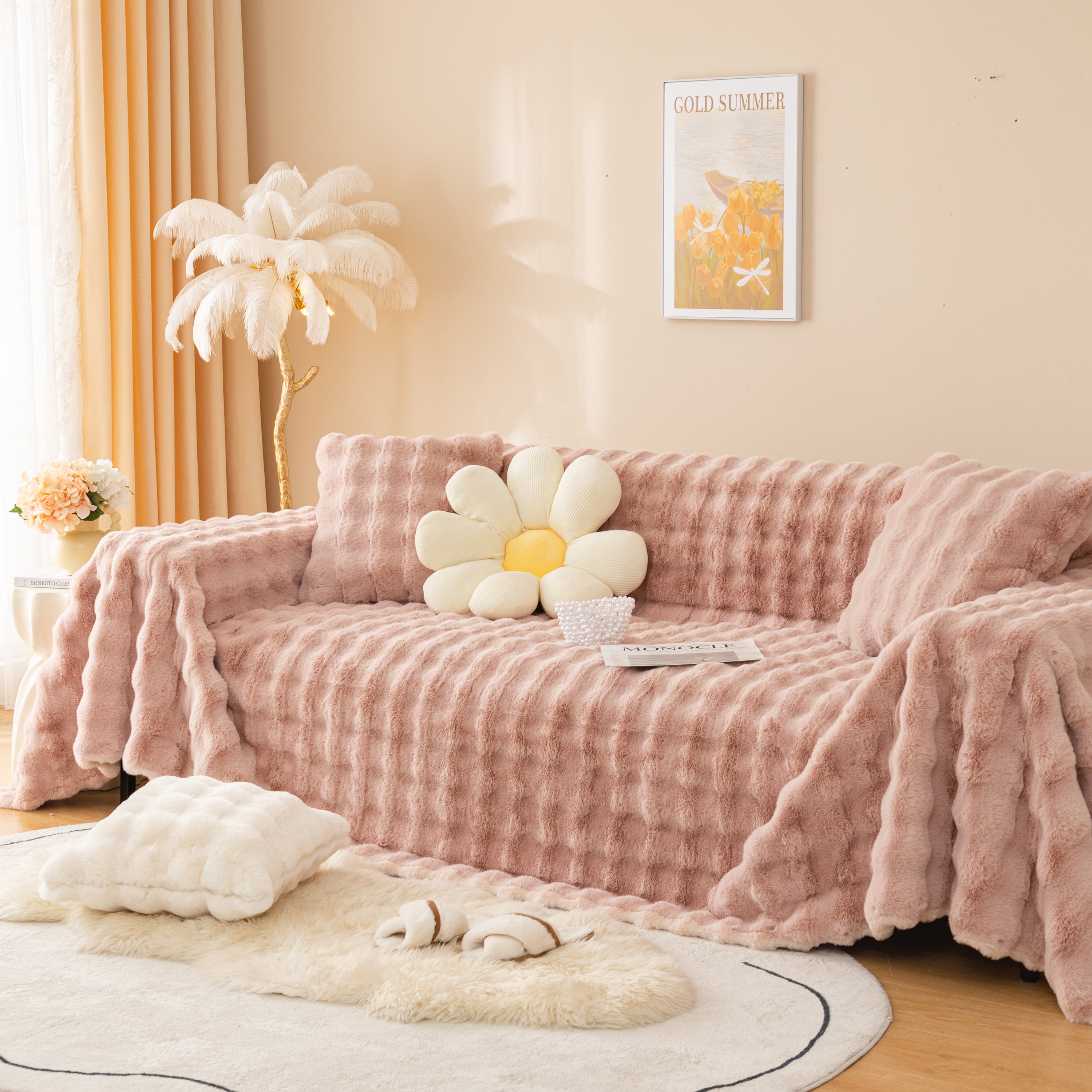 Super Soft Fluffy Faux Rabbit Fur Sofa Throw Blanket, Couch Cover Blanket For Couches Living Room Furniture Throw