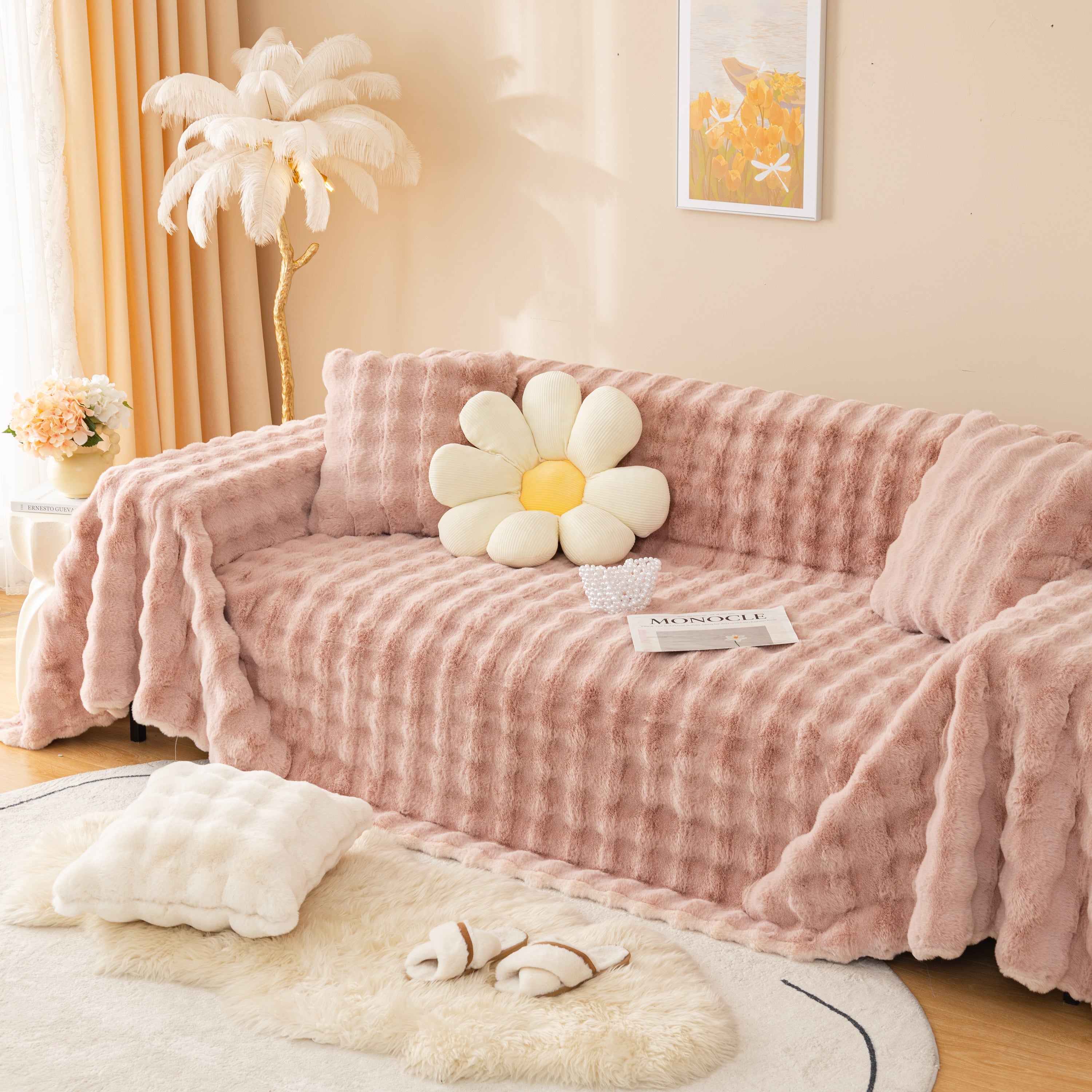Super Soft Fluffy Faux Rabbit Fur Sofa Throw Blanket, Couch Cover Blanket For Couches Living Room Furniture Throw