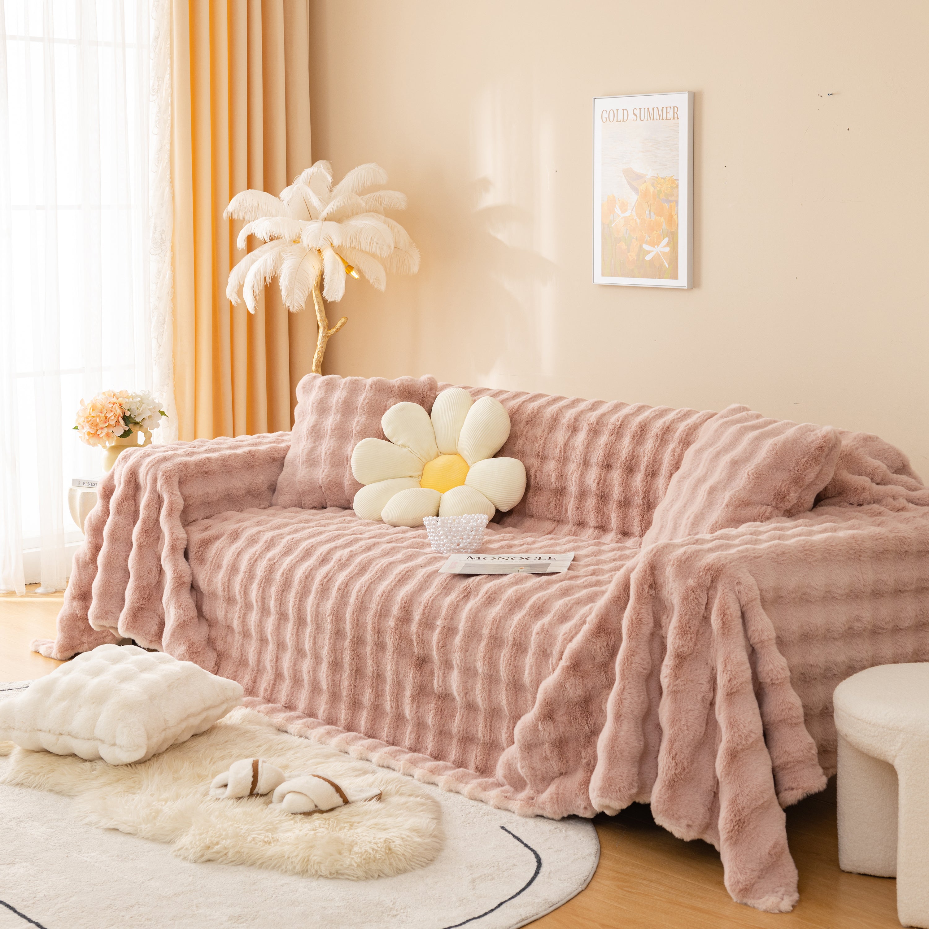 Super Soft Fluffy Faux Rabbit Fur Sofa Throw Blanket, Couch Cover Blanket For Couches Living Room Furniture Throw