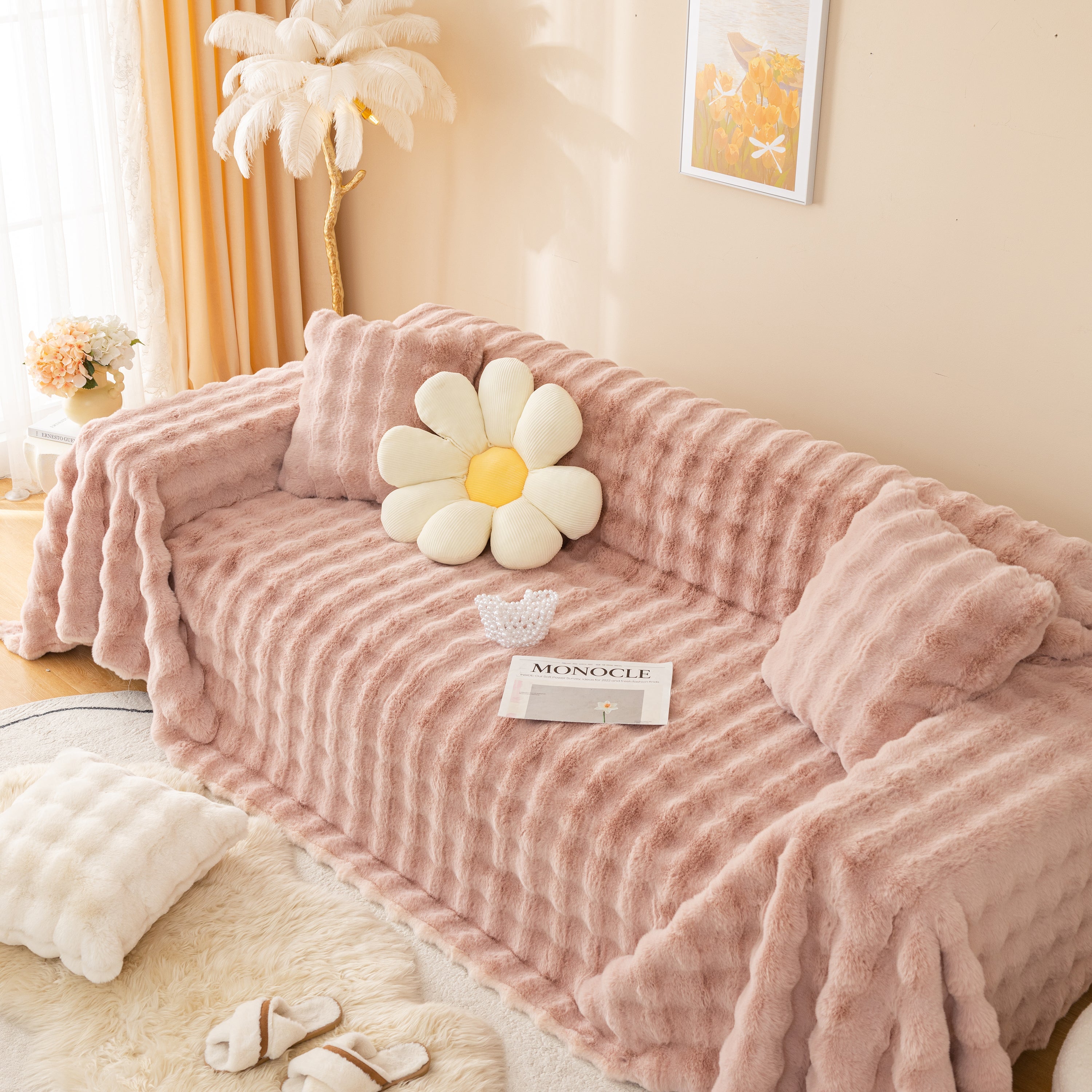 Super Soft Fluffy Faux Rabbit Fur Sofa Throw Blanket, Couch Cover Blanket For Couches Living Room Furniture Throw