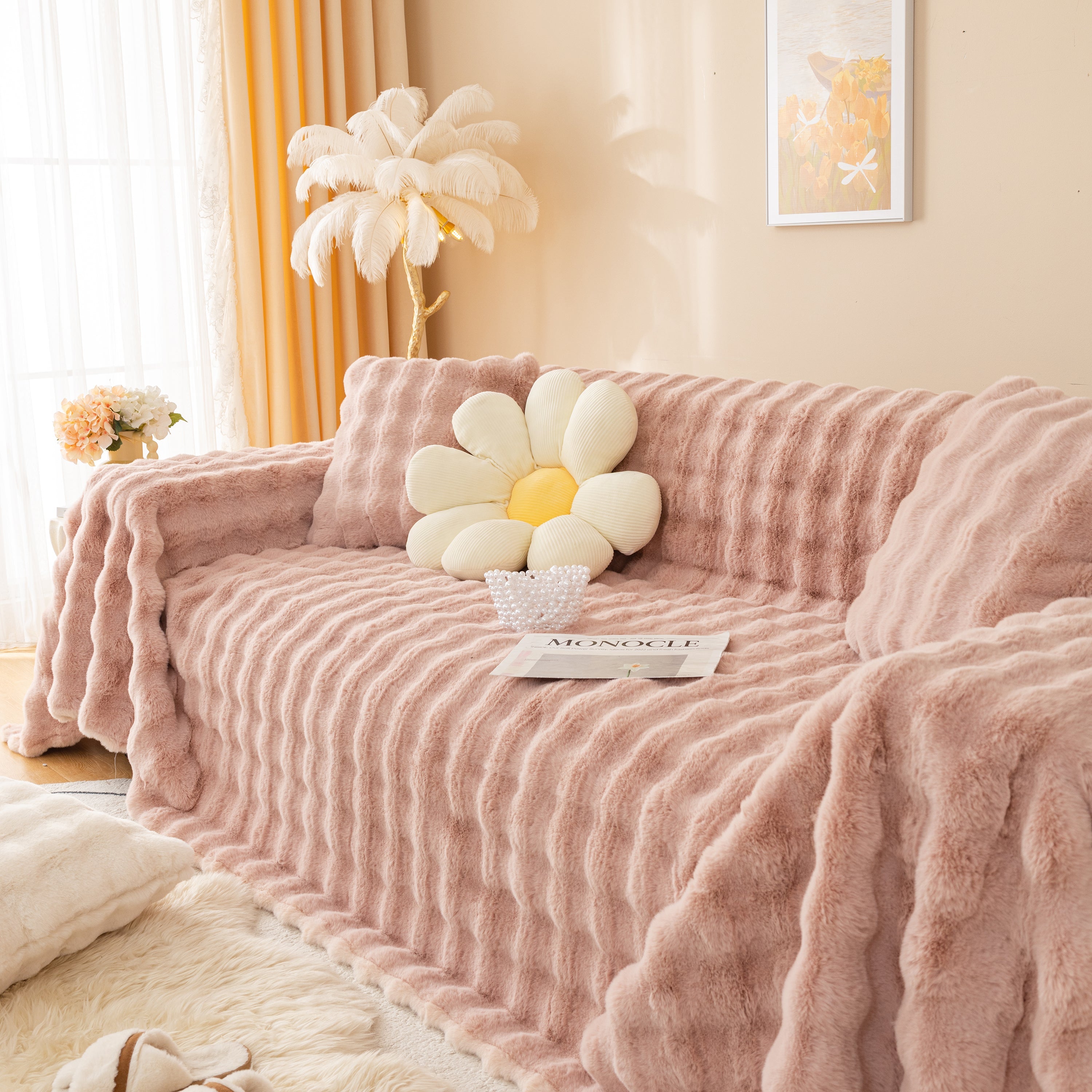 Super Soft Fluffy Faux Rabbit Fur Sofa Throw Blanket, Couch Cover Blanket For Couches Living Room Furniture Throw