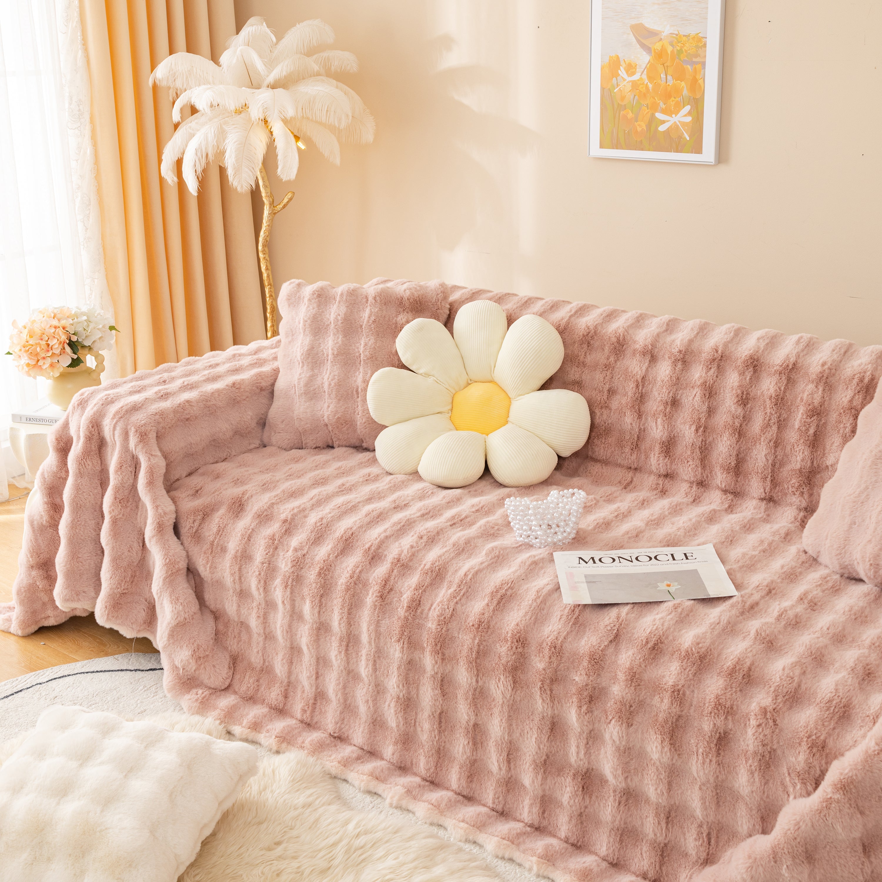 Super Soft Fluffy Faux Rabbit Fur Sofa Throw Blanket, Couch Cover Blanket For Couches Living Room Furniture Throw
