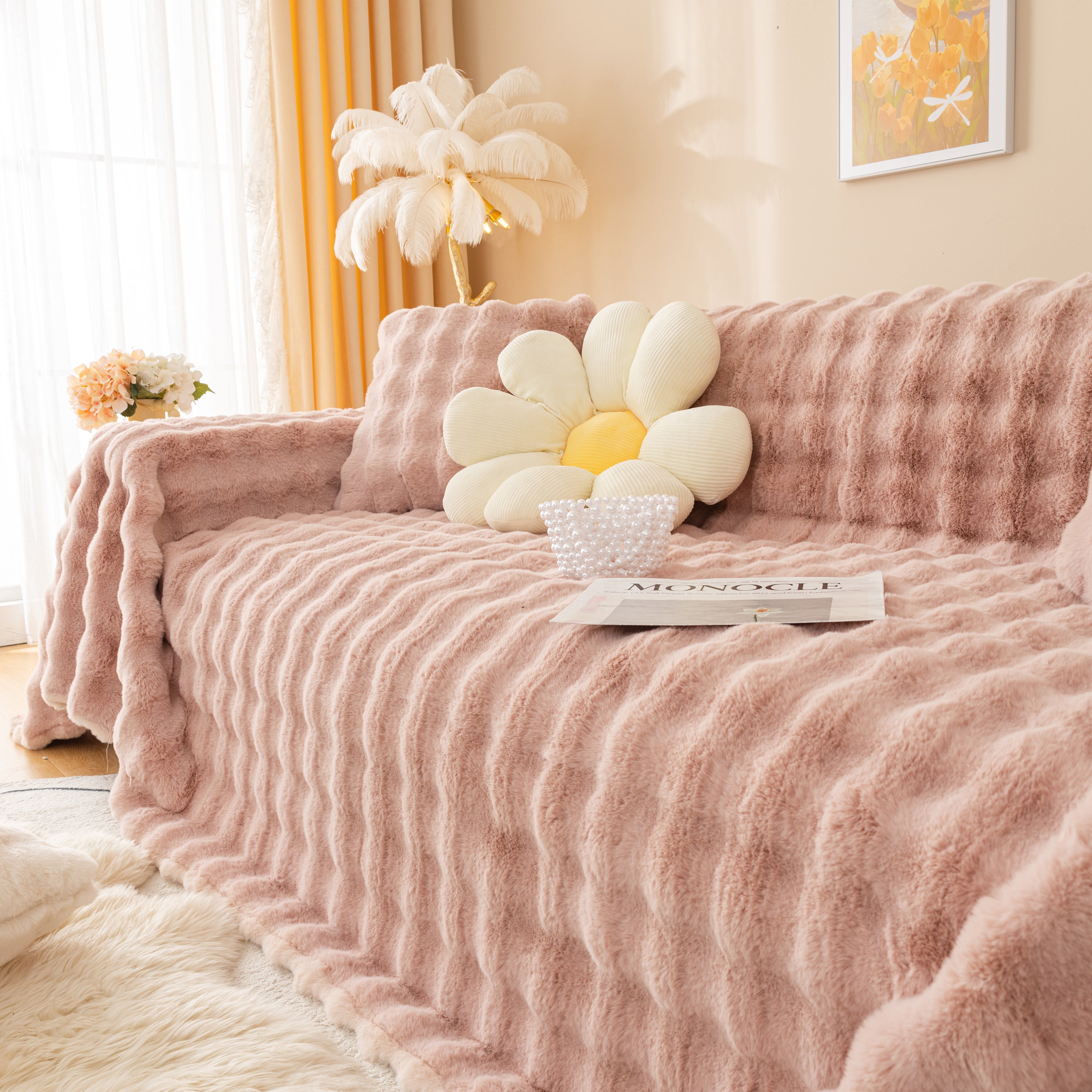 Super Soft Fluffy Faux Rabbit Fur Sofa Throw Blanket, Couch Cover Blanket For Couches Living Room Furniture Throw