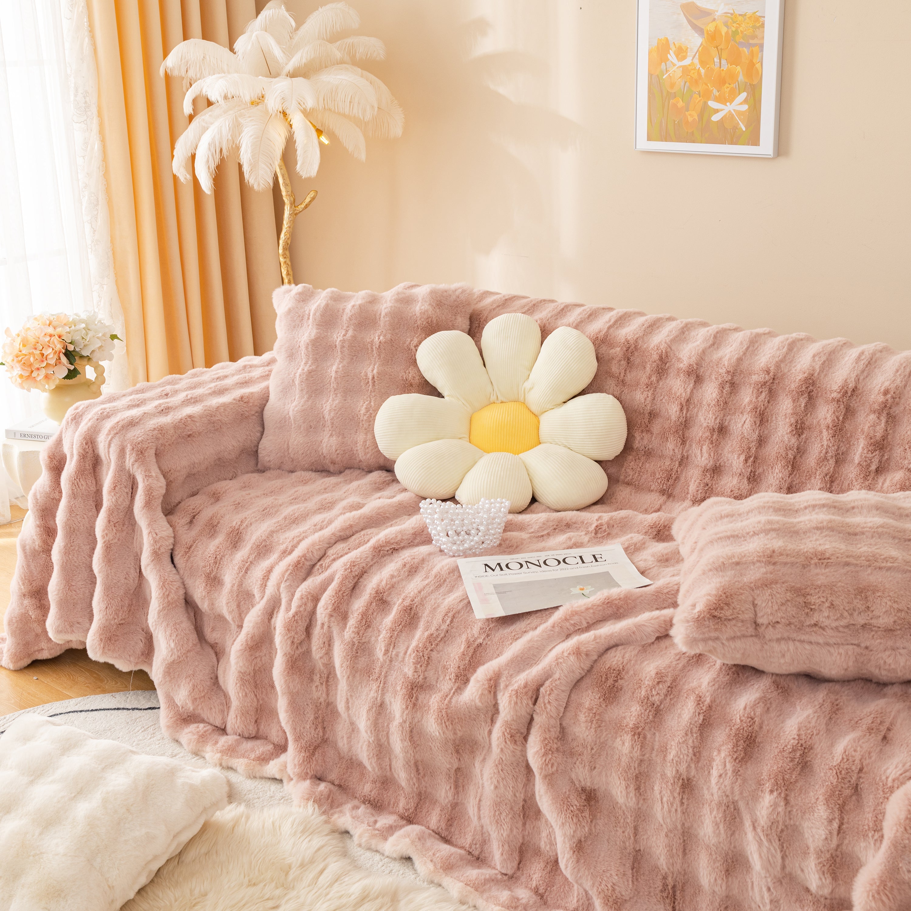 Super Soft Fluffy Faux Rabbit Fur Sofa Throw Blanket, Couch Cover Blanket For Couches Living Room Furniture Throw