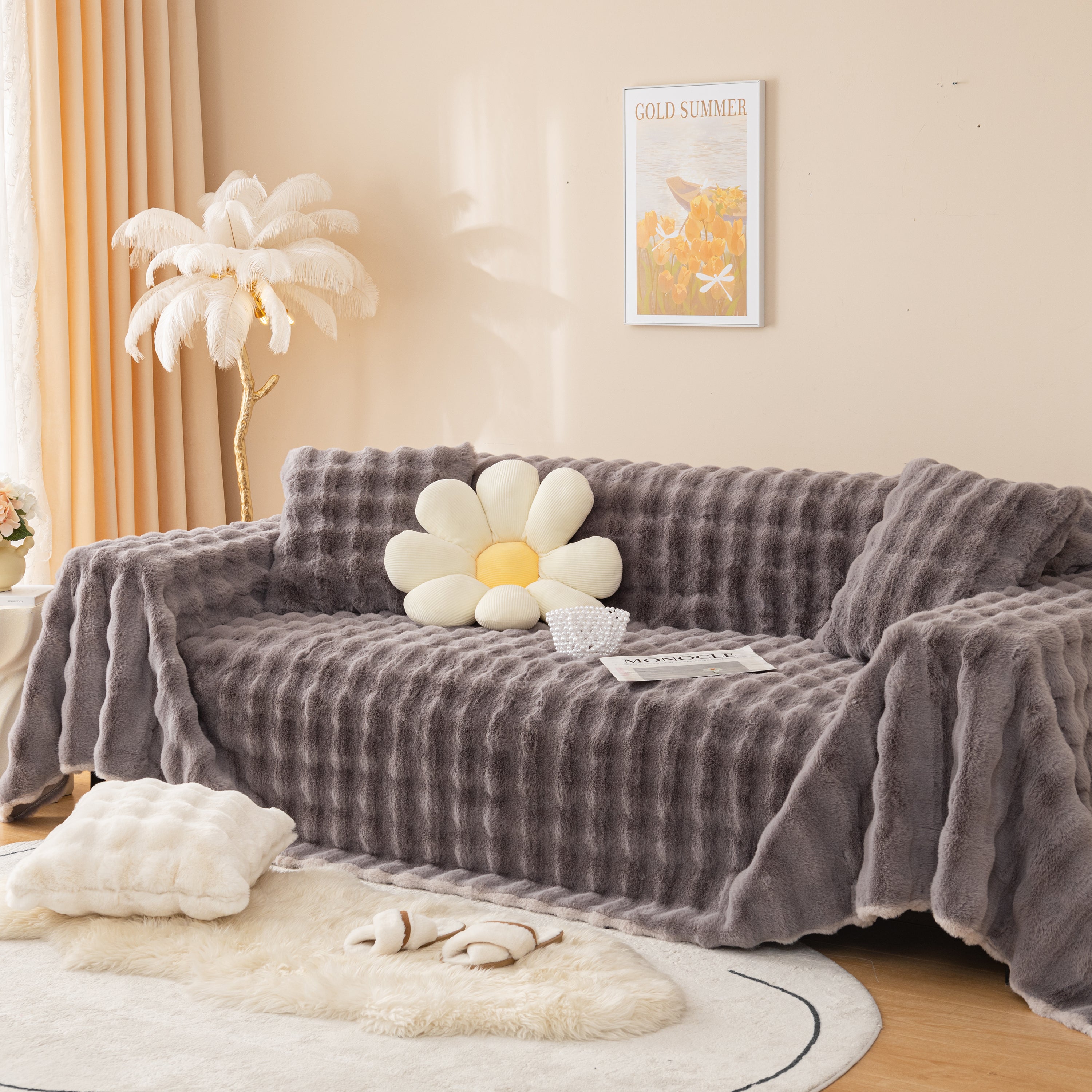 Super Soft Fluffy Faux Rabbit Fur Sofa Throw Blanket, Couch Cover Blanket For Couches Living Room Furniture Throw