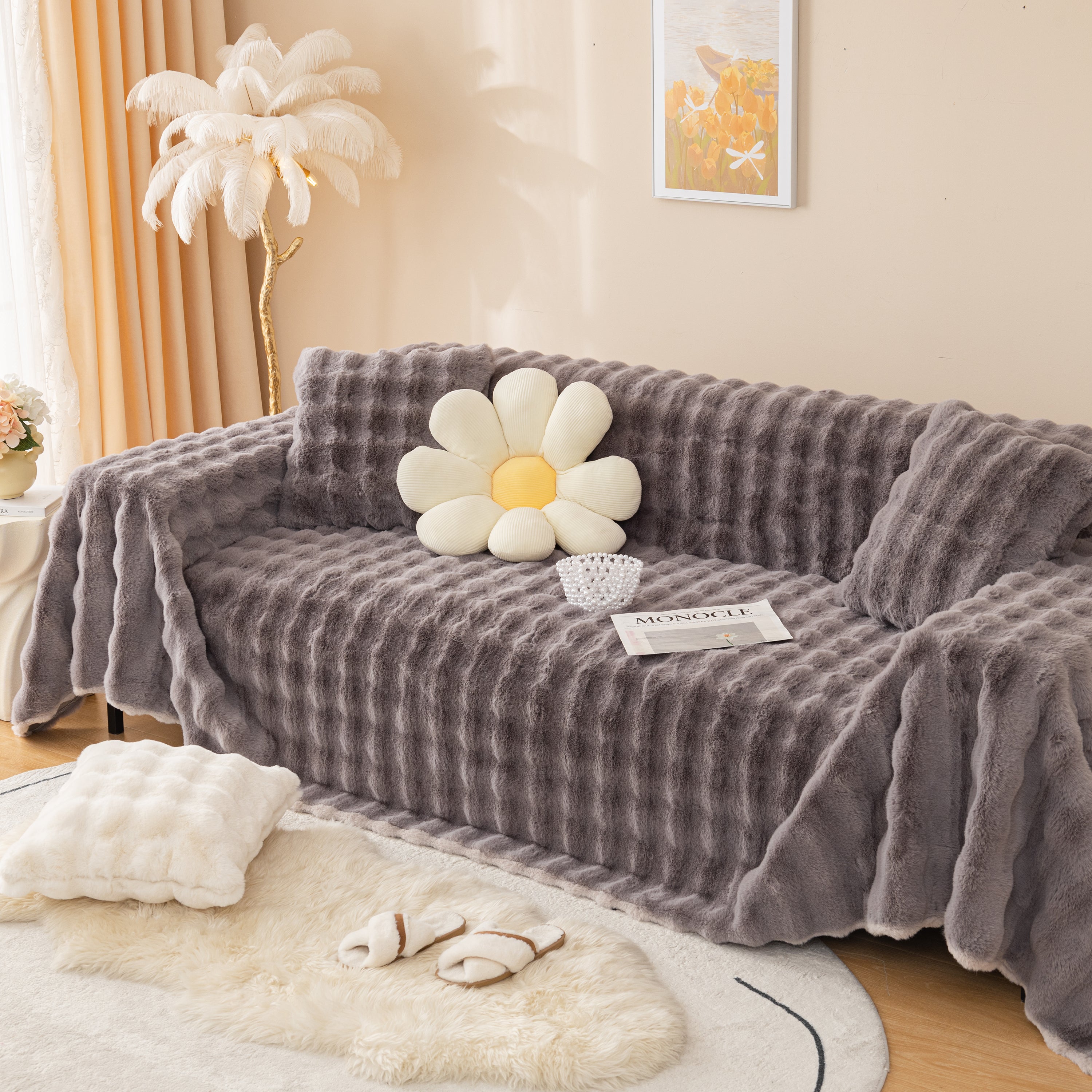 Super Soft Fluffy Faux Rabbit Fur Sofa Throw Blanket, Couch Cover Blanket For Couches Living Room Furniture Throw