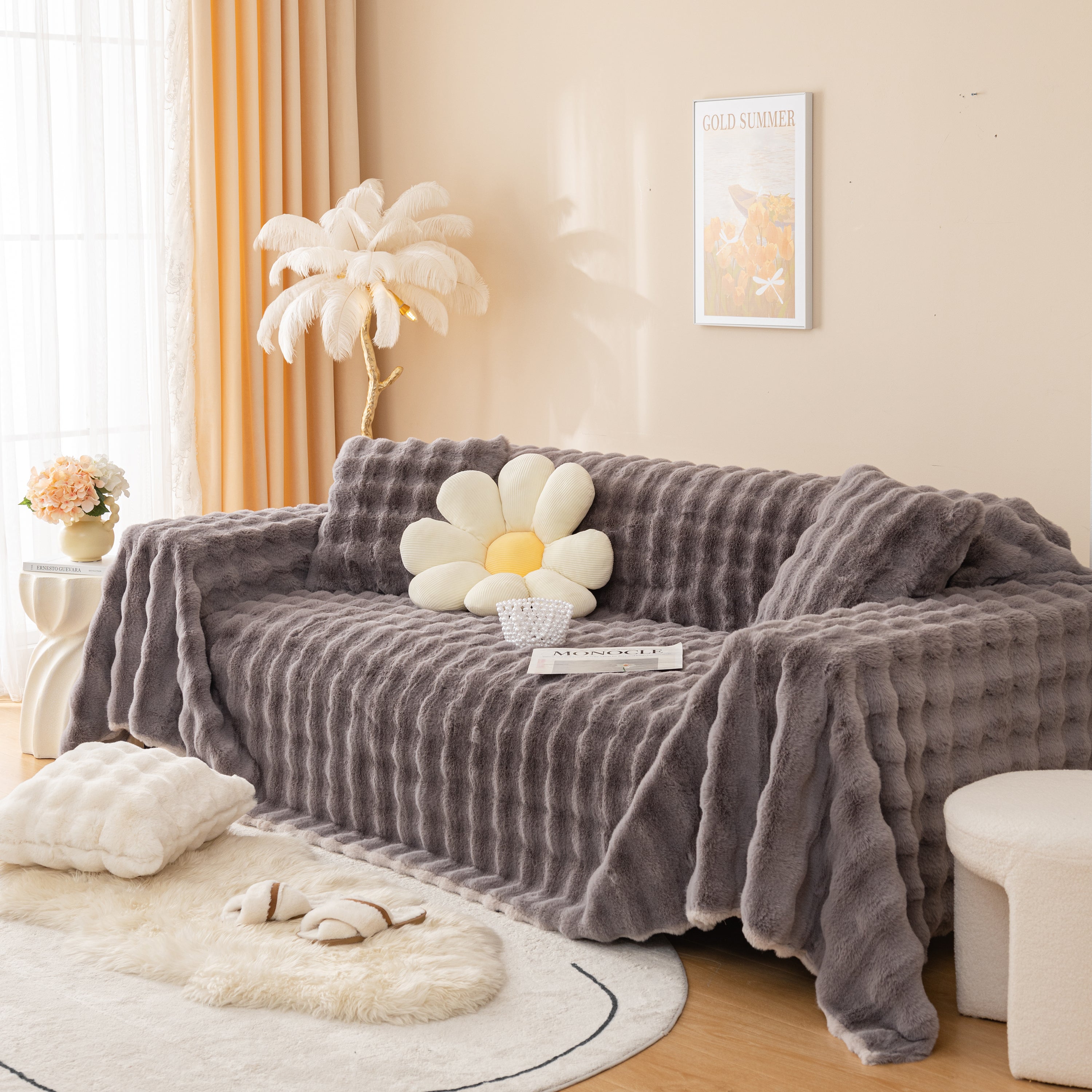 Super Soft Fluffy Faux Rabbit Fur Sofa Throw Blanket, Couch Cover Blanket For Couches Living Room Furniture Throw