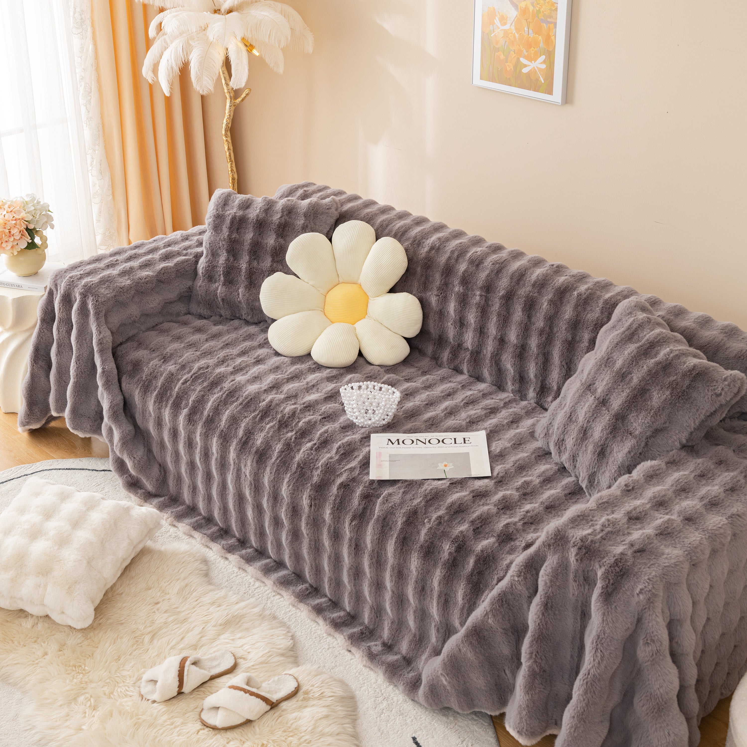 Super Soft Fluffy Faux Rabbit Fur Sofa Throw Blanket, Couch Cover Blanket For Couches Living Room Furniture Throw