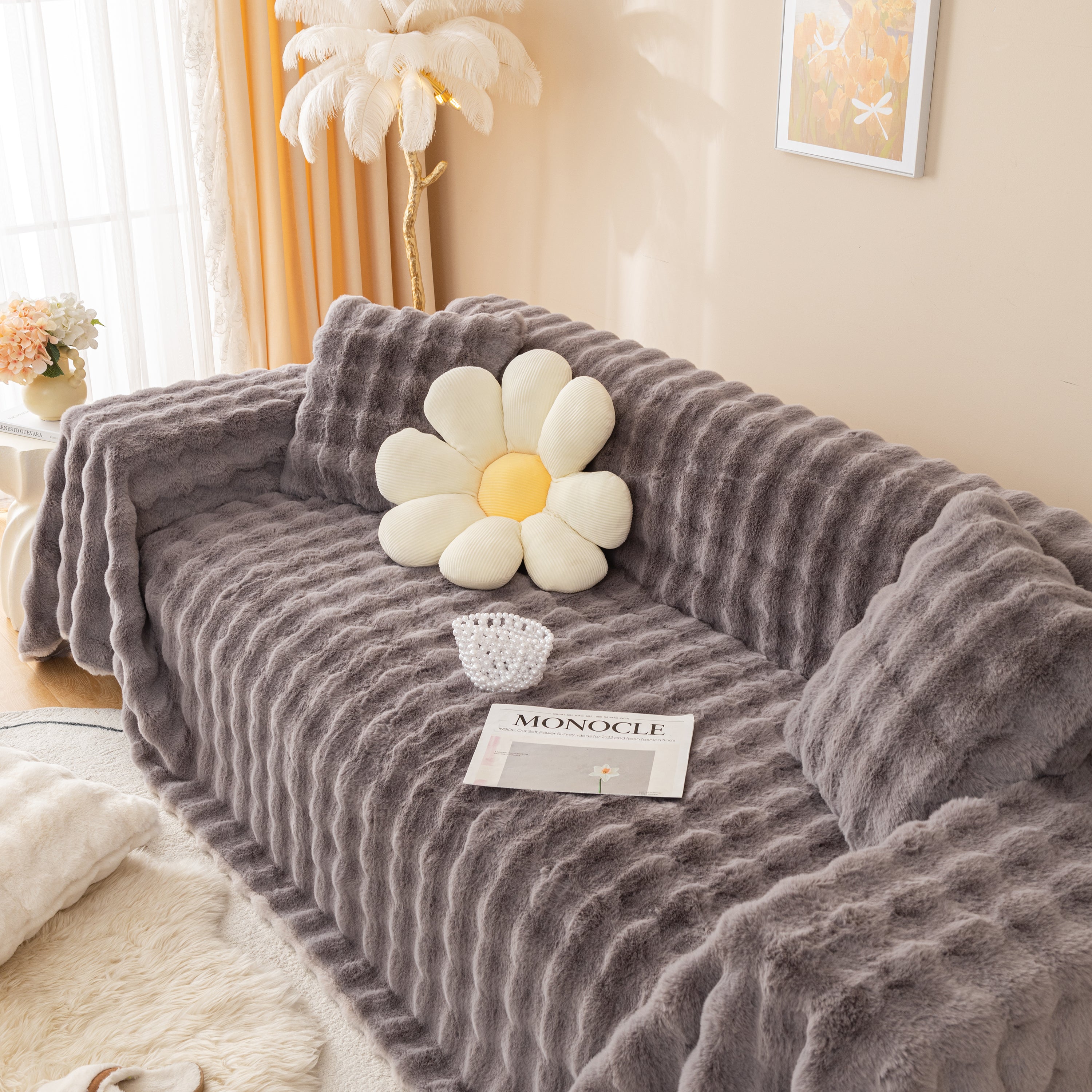 Super Soft Fluffy Faux Rabbit Fur Sofa Throw Blanket, Couch Cover Blanket For Couches Living Room Furniture Throw