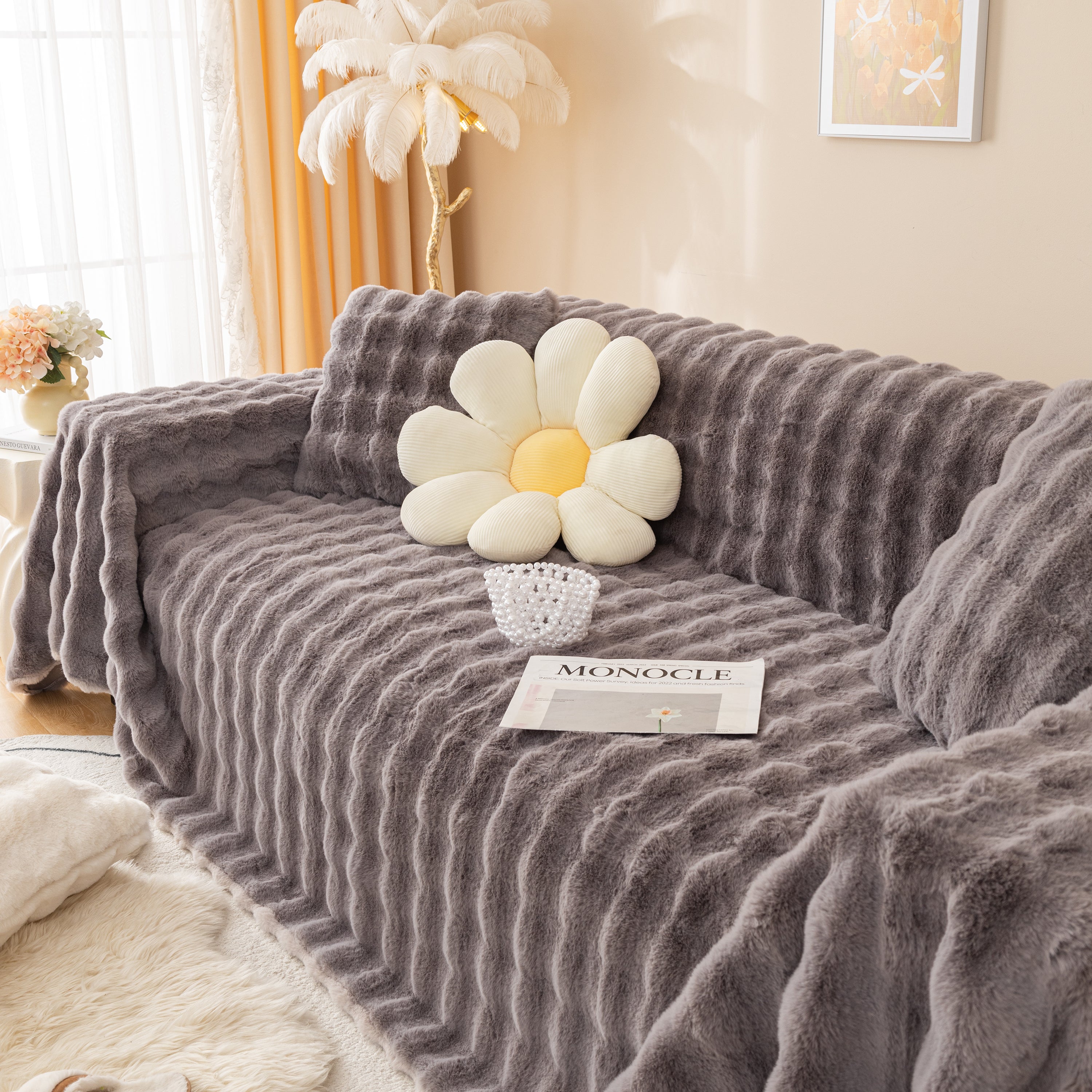 Super Soft Fluffy Faux Rabbit Fur Sofa Throw Blanket, Couch Cover Blanket For Couches Living Room Furniture Throw