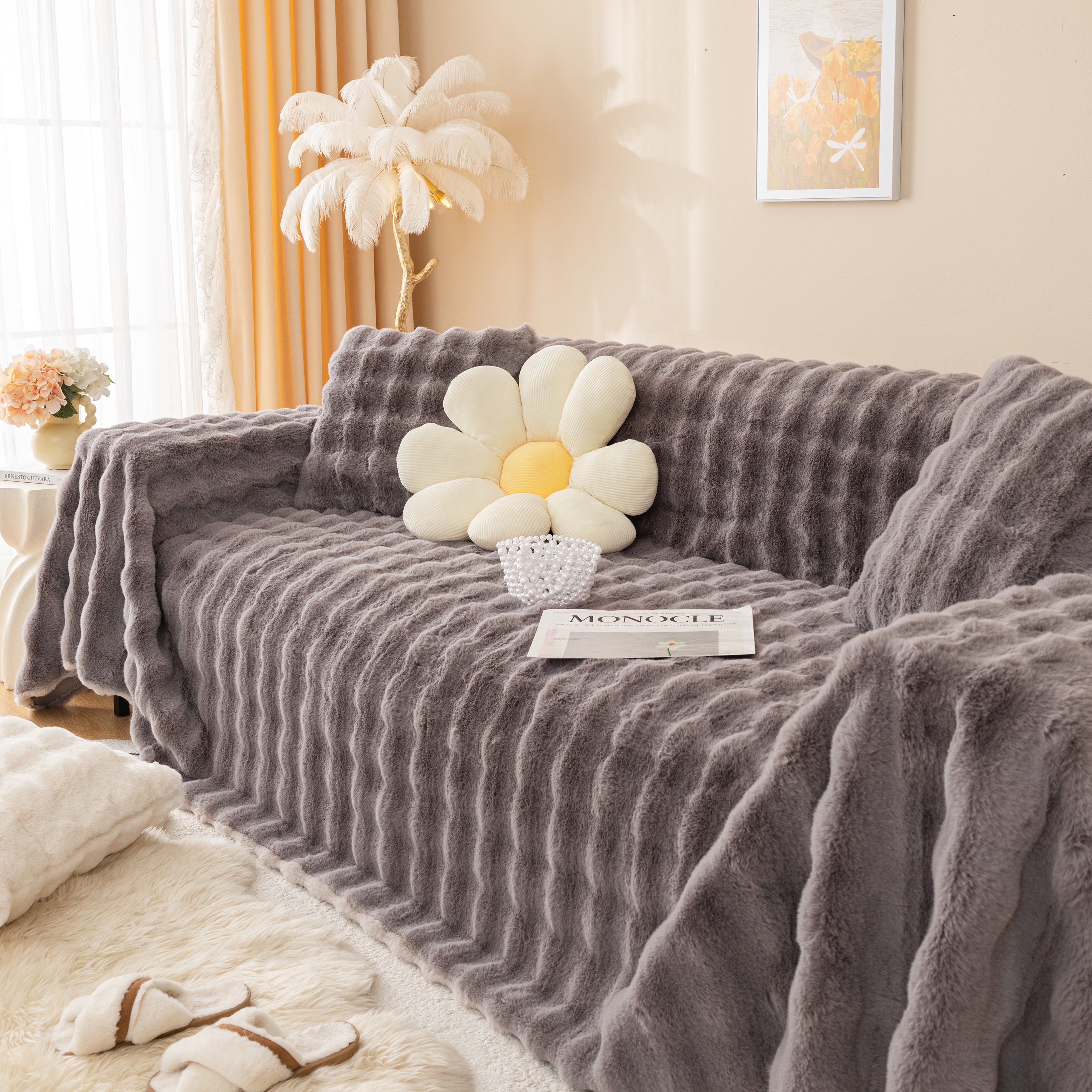 Super Soft Fluffy Faux Rabbit Fur Sofa Throw Blanket, Couch Cover Blanket For Couches Living Room Furniture Throw