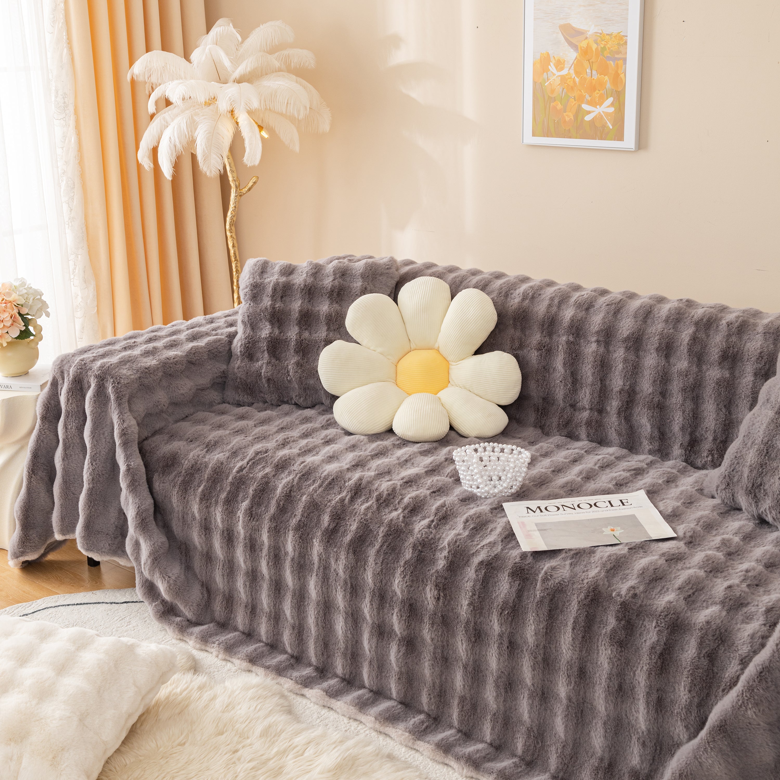 Super Soft Fluffy Faux Rabbit Fur Sofa Throw Blanket, Couch Cover Blanket For Couches Living Room Furniture Throw