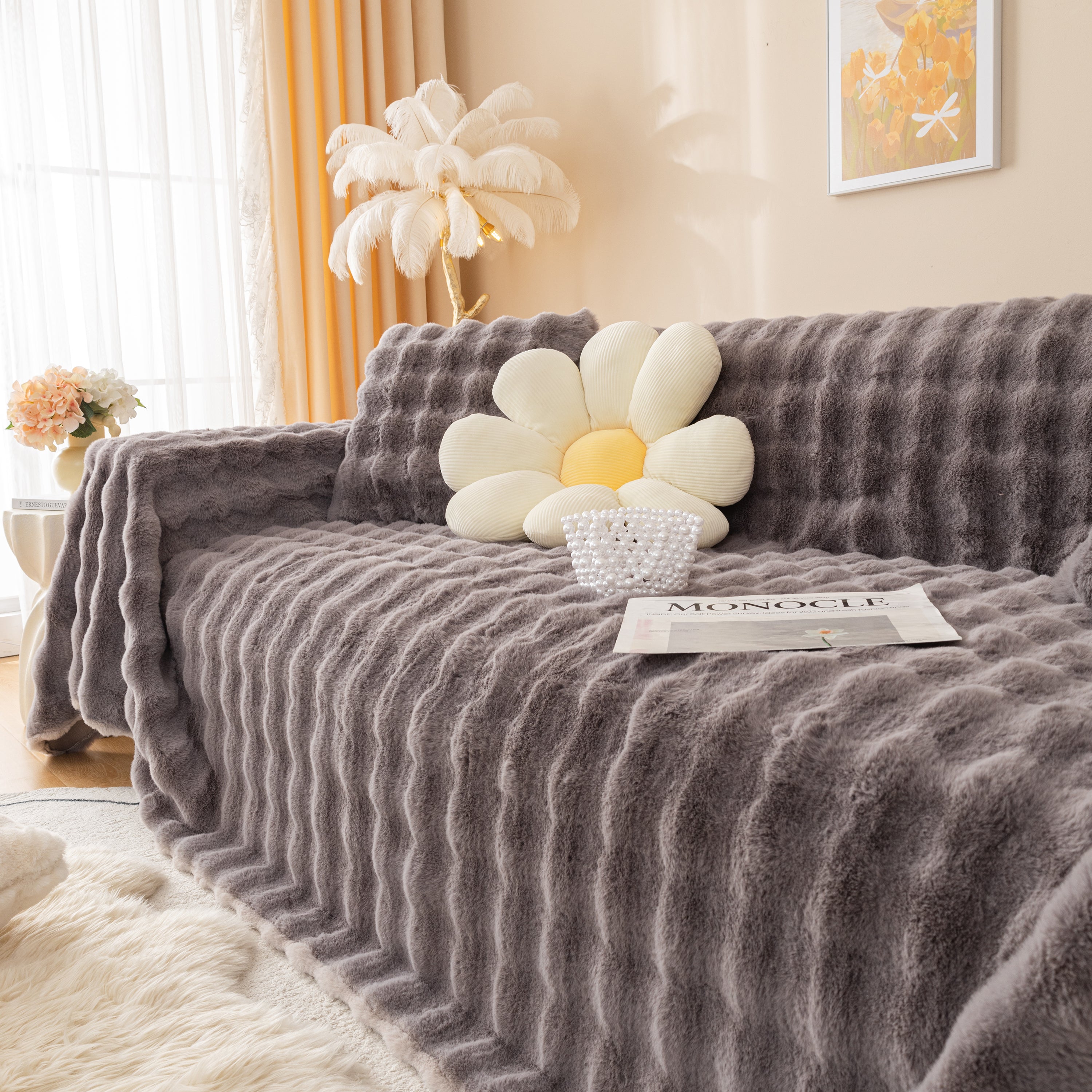 Super Soft Fluffy Faux Rabbit Fur Sofa Throw Blanket, Couch Cover Blanket For Couches Living Room Furniture Throw
