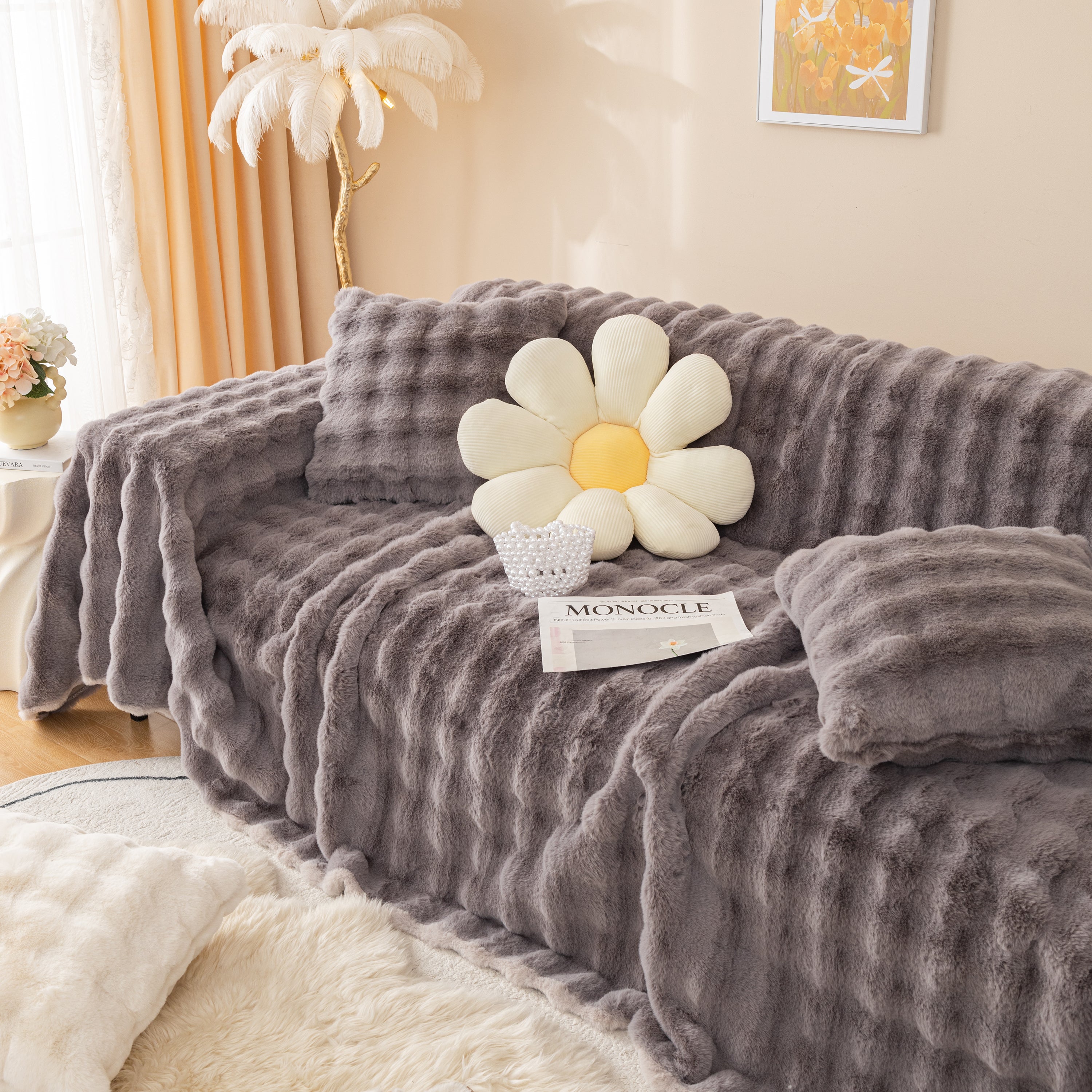 Super Soft Fluffy Faux Rabbit Fur Sofa Throw Blanket, Couch Cover Blanket For Couches Living Room Furniture Throw