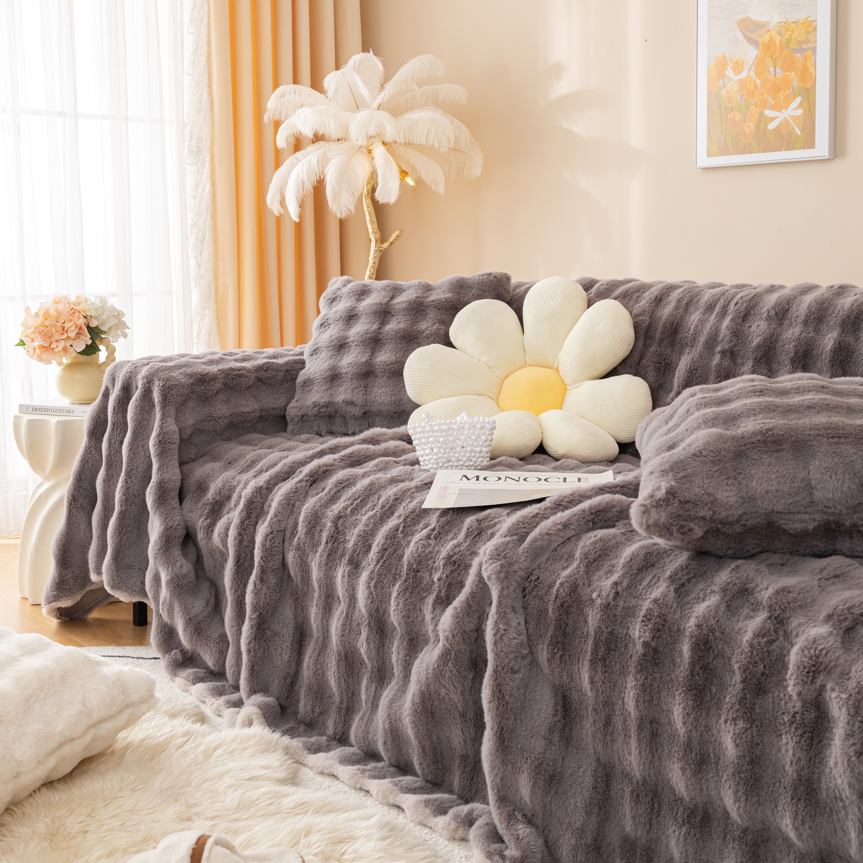 Super Soft Fluffy Faux Rabbit Fur Sofa Throw Blanket, Couch Cover Blanket For Couches Living Room Furniture Throw
