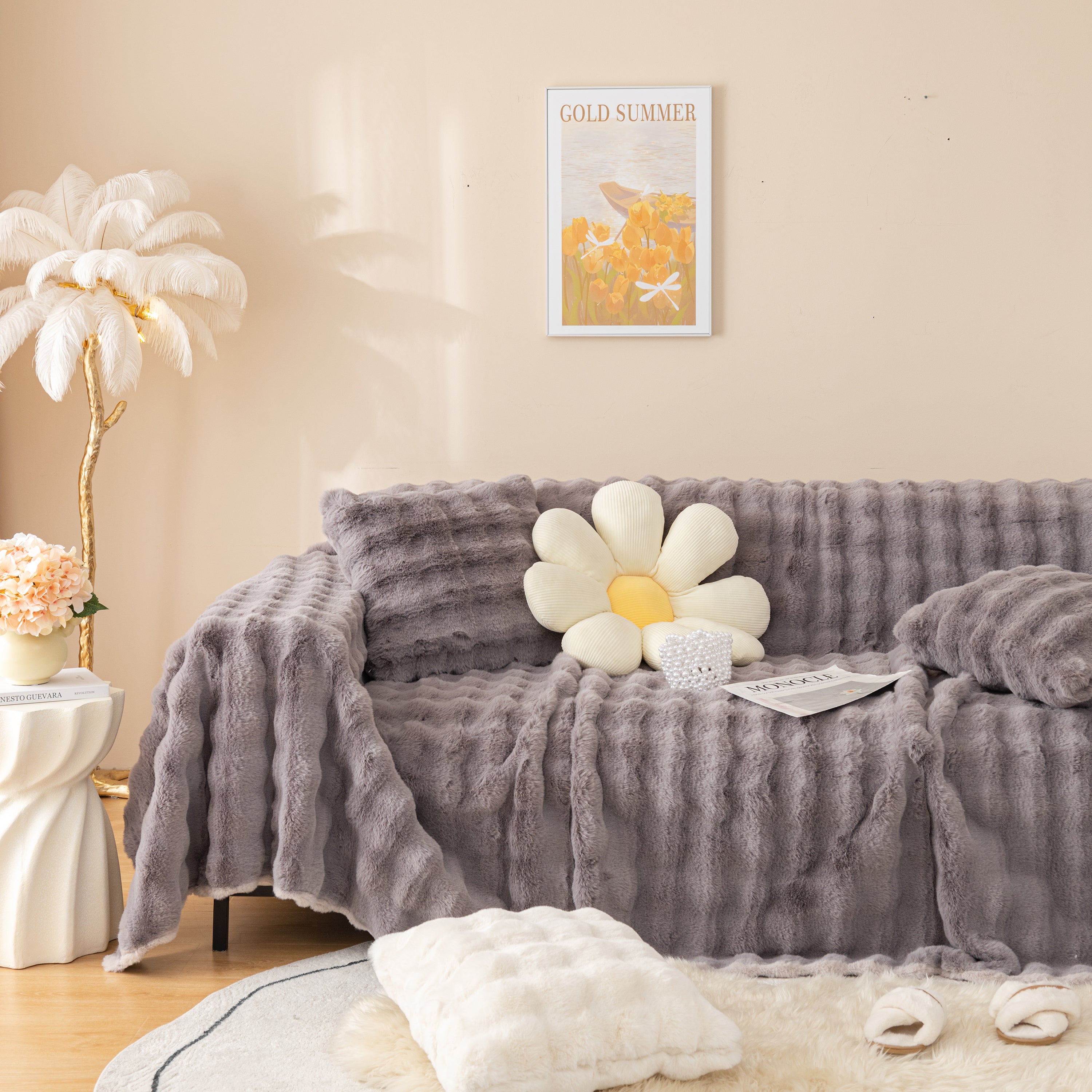 Super Soft Fluffy Faux Rabbit Fur Sofa Throw Blanket, Couch Cover Blanket For Couches Living Room Furniture Throw