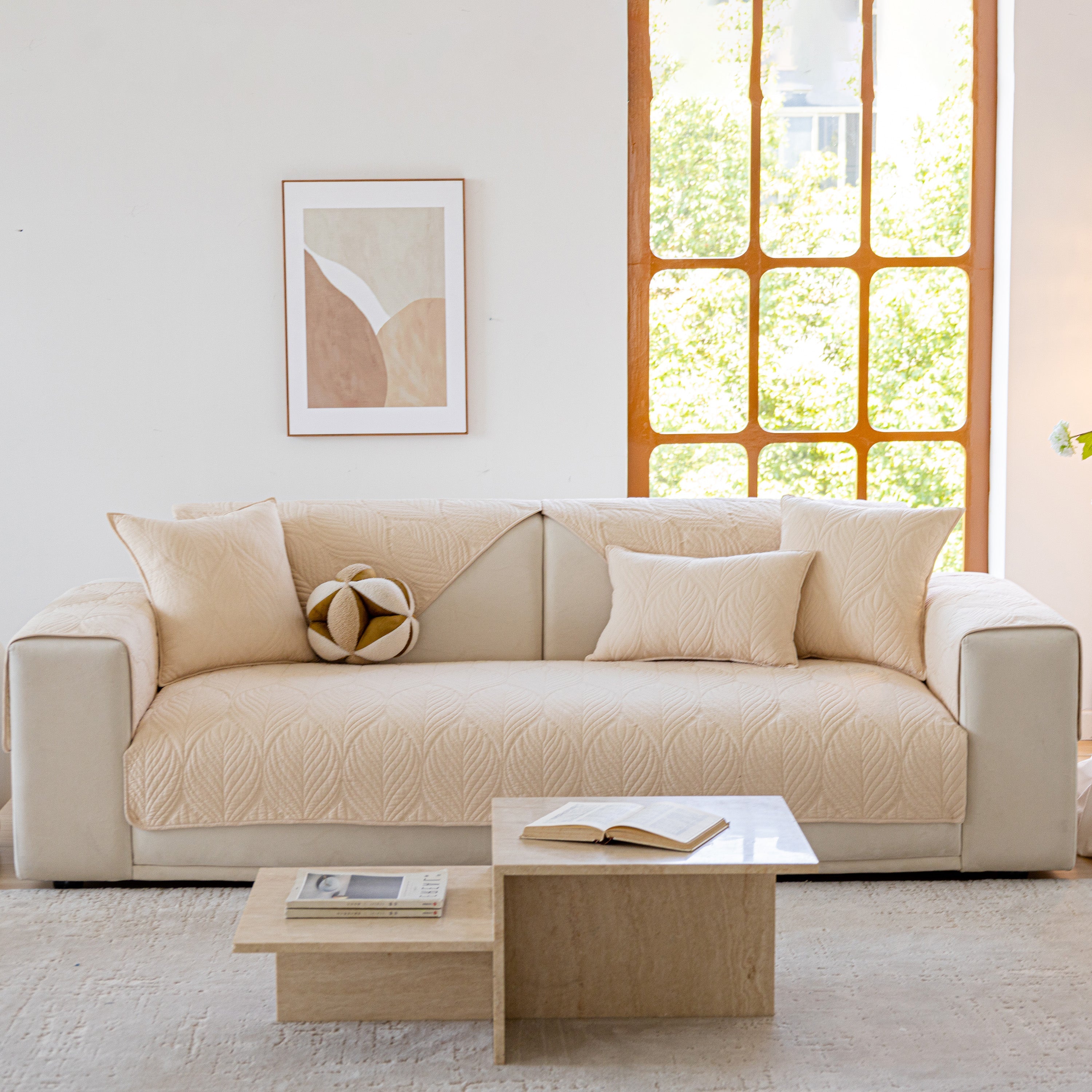 Leaf Vein Textured Cotton Quilted Sofa Slipcover, Non-slip Modular Couch Covers