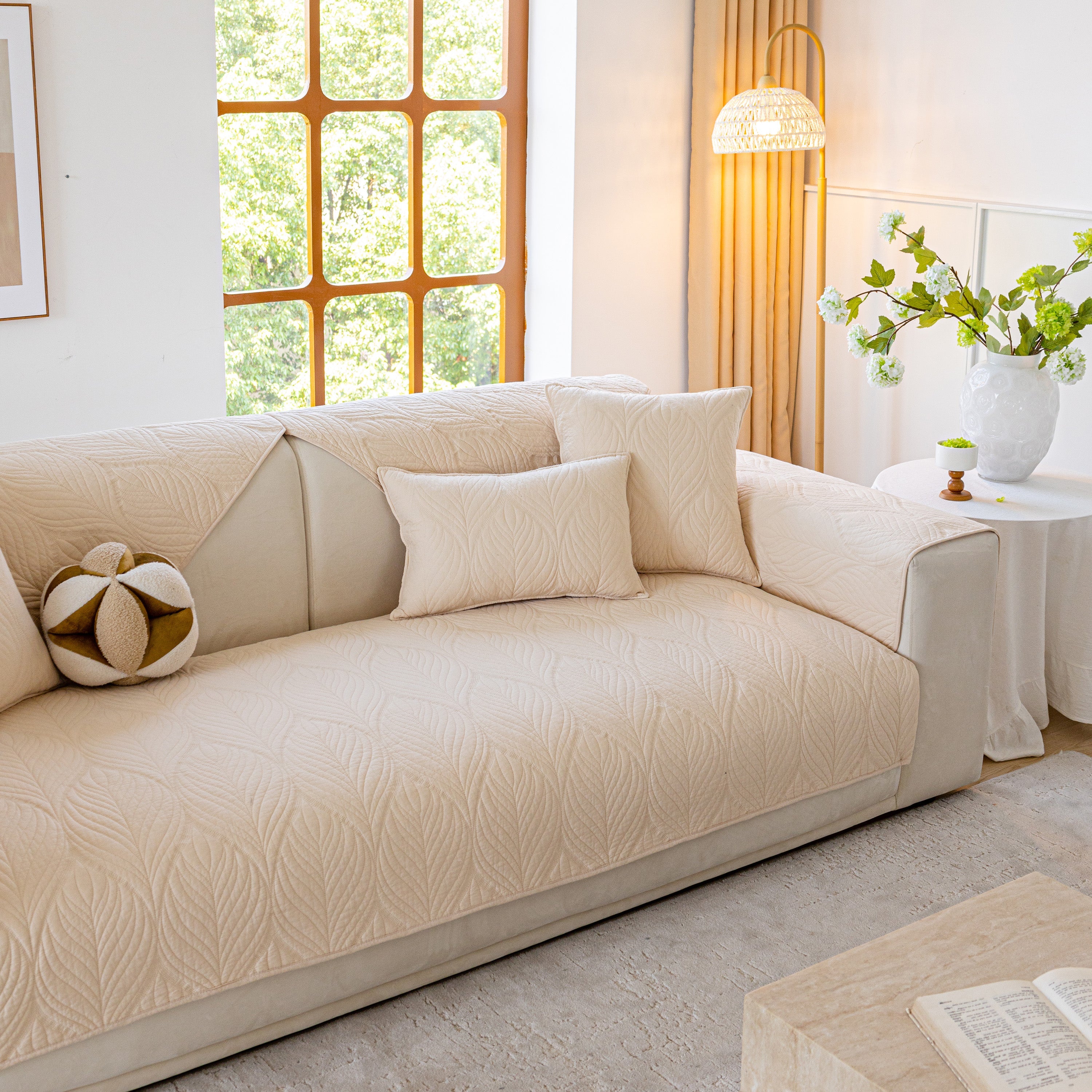 Leaf Vein Textured Cotton Quilted Sofa Slipcover, Non-slip Modular Couch Covers