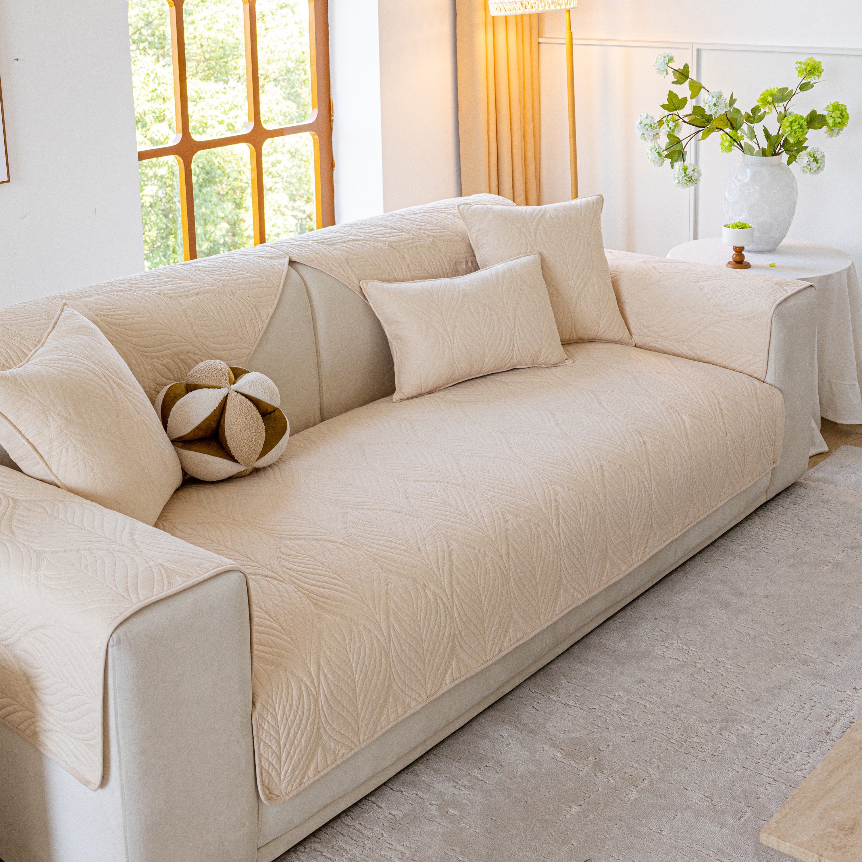 Leaf Vein Textured Cotton Quilted Sofa Slipcover, Non-slip Modular Couch Covers