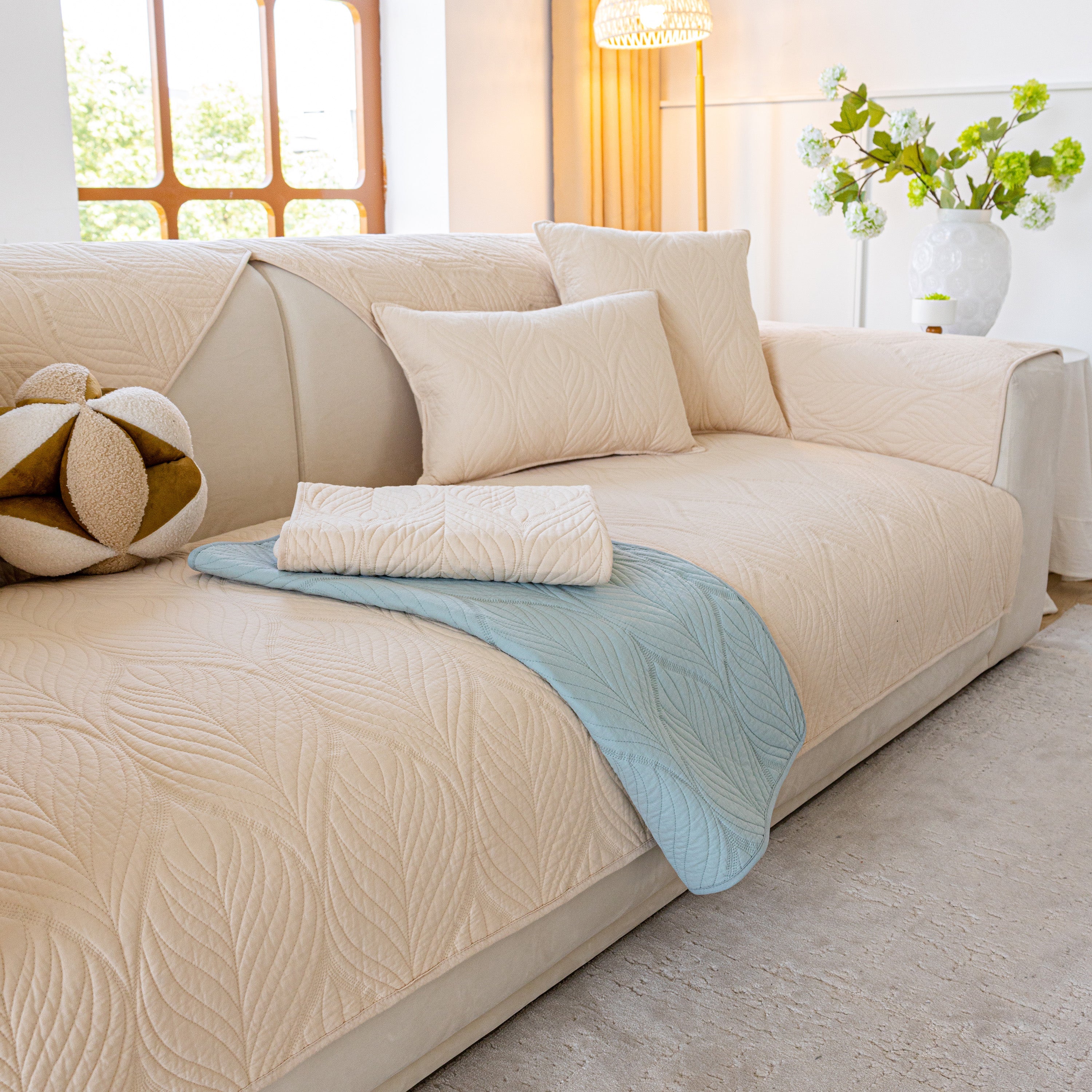 Leaf Vein Textured Cotton Quilted Sofa Slipcover, Non-slip Modular Couch Covers