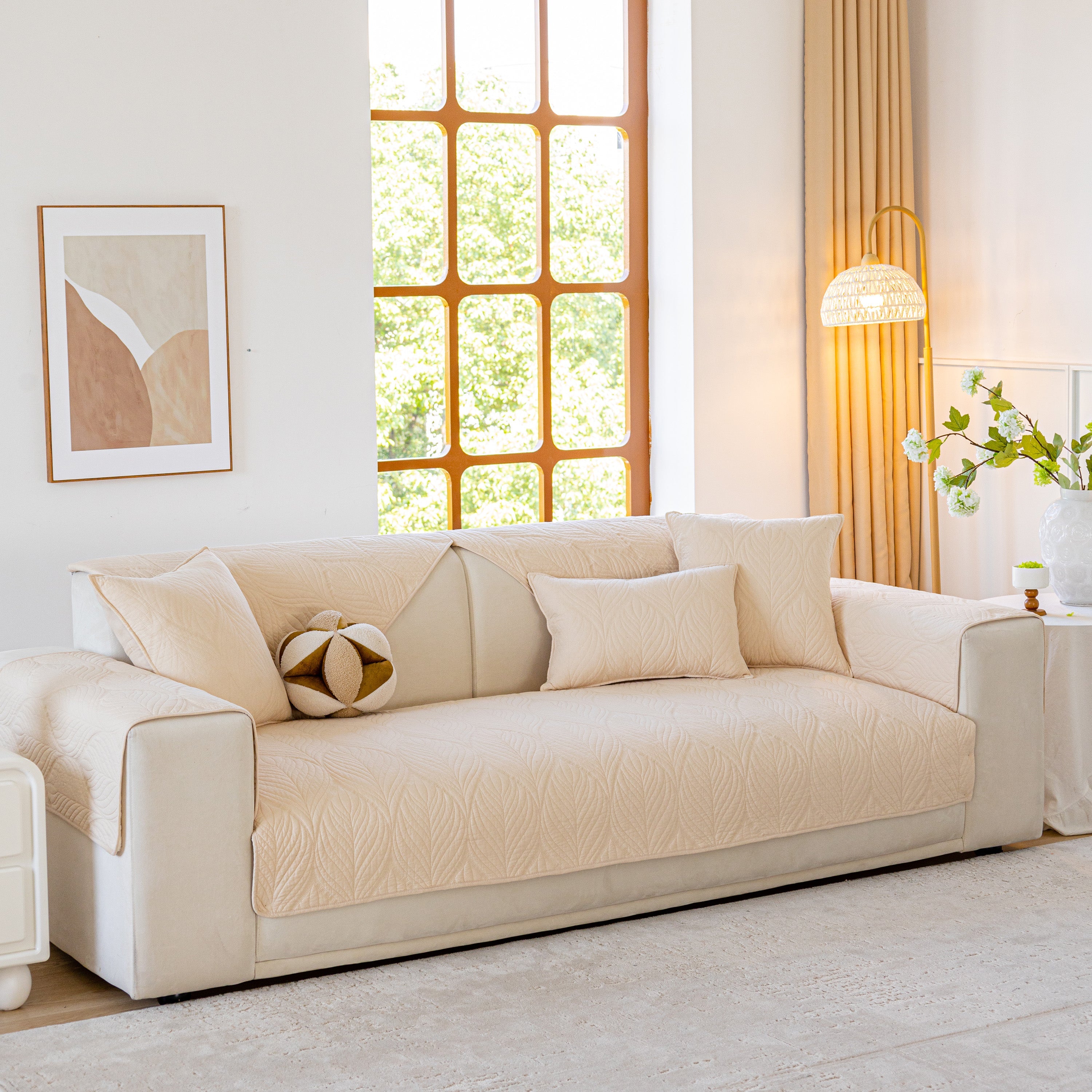 Leaf Vein Textured Cotton Quilted Sofa Slipcover, Non-slip Modular Couch Covers