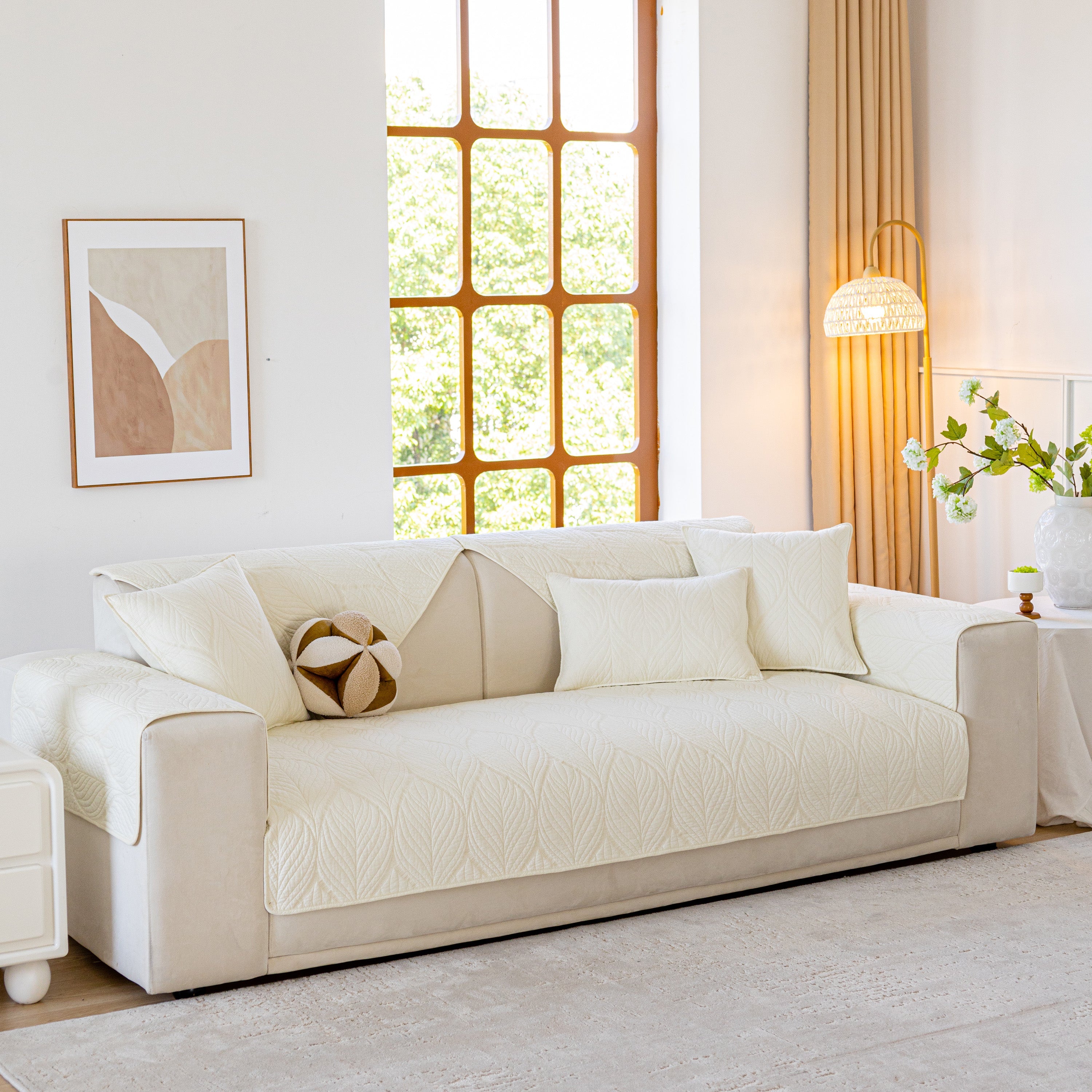 Leaf Vein Textured Cotton Quilted Sofa Slipcover, Non-slip Modular Couch Covers