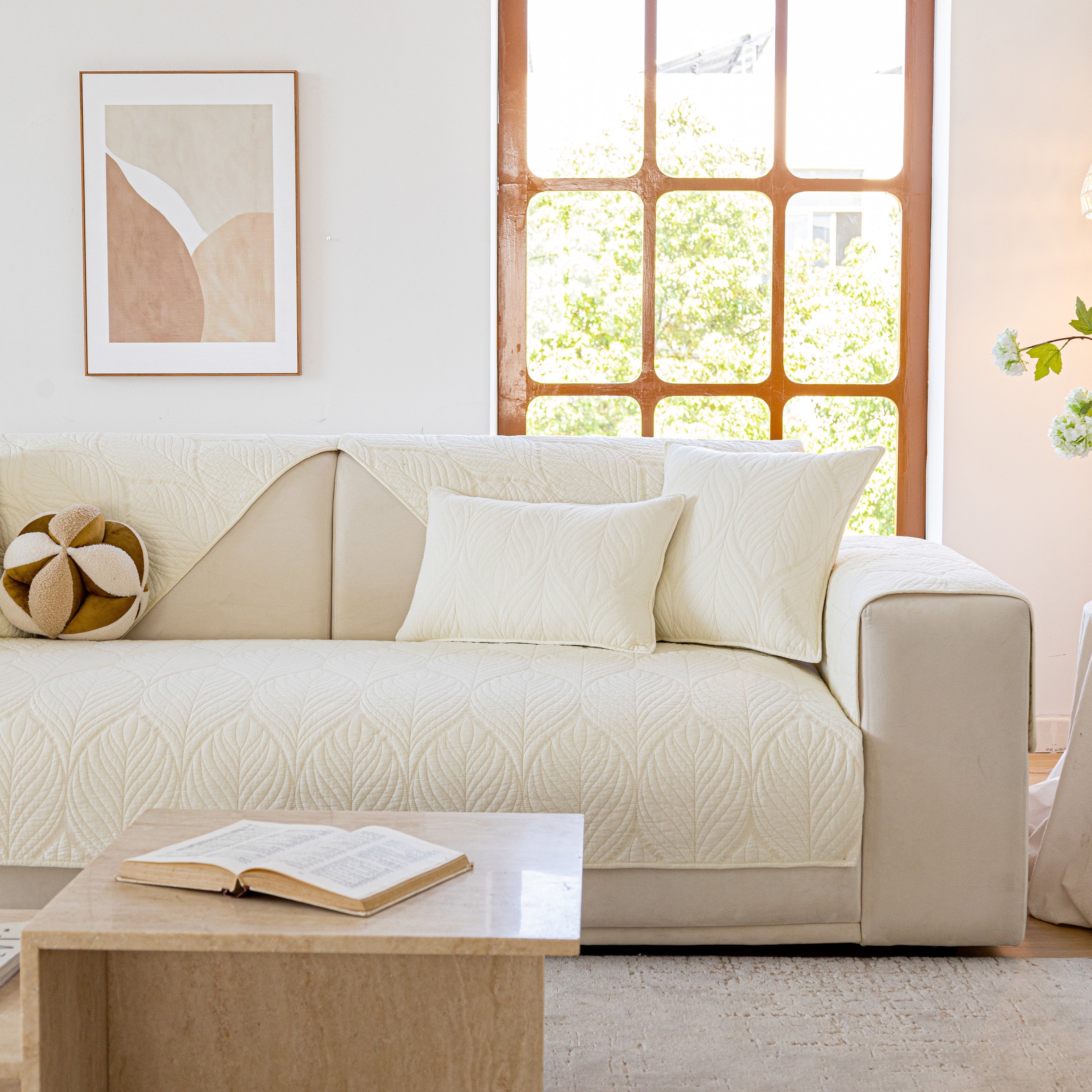 Leaf Vein Textured Cotton Quilted Sofa Slipcover, Non-slip Modular Couch Covers