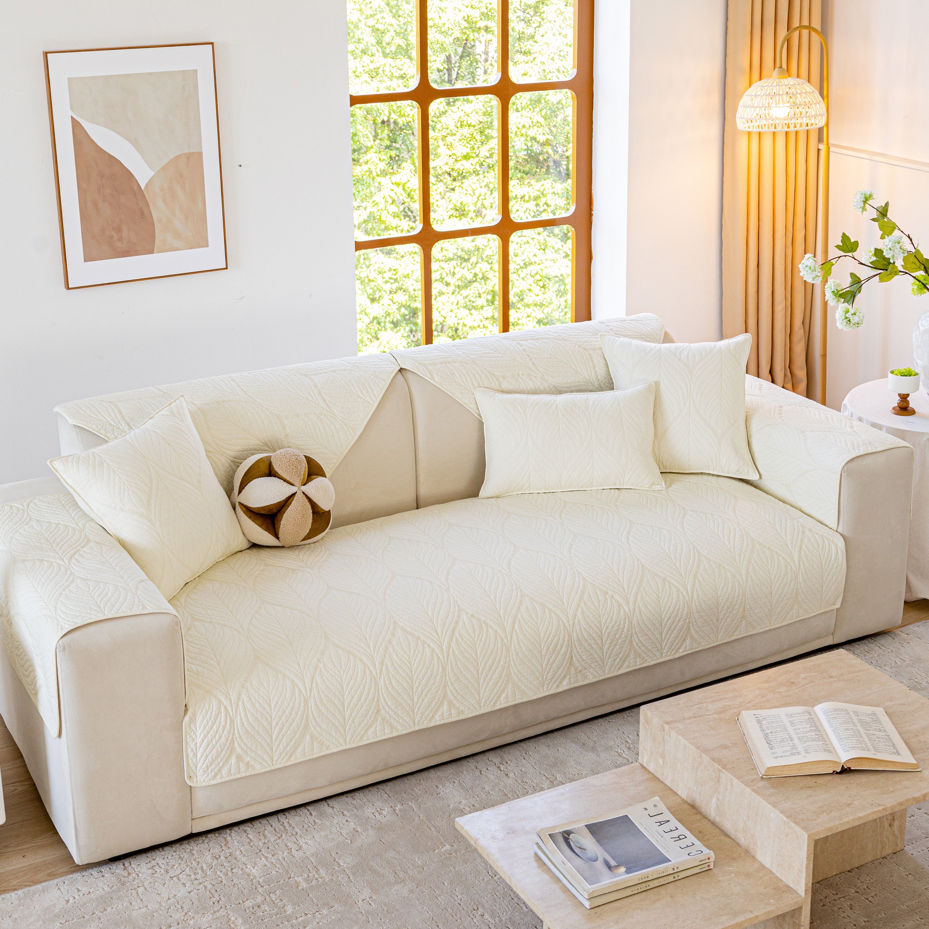 Leaf Vein Textured Cotton Quilted Sofa Slipcover, Non-slip Modular Couch Covers