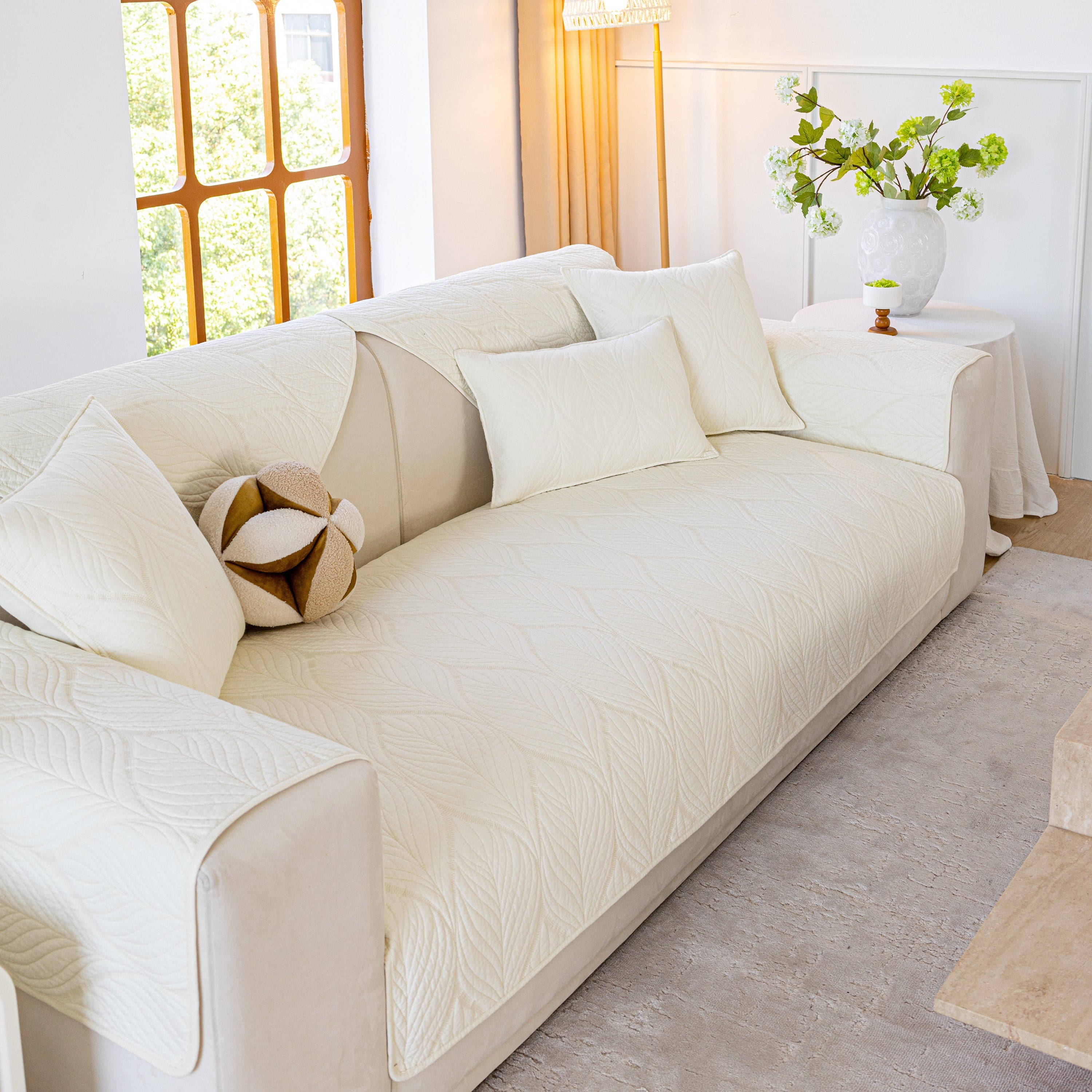 Leaf Vein Textured Cotton Quilted Sofa Slipcover, Non-slip Modular Couch Covers