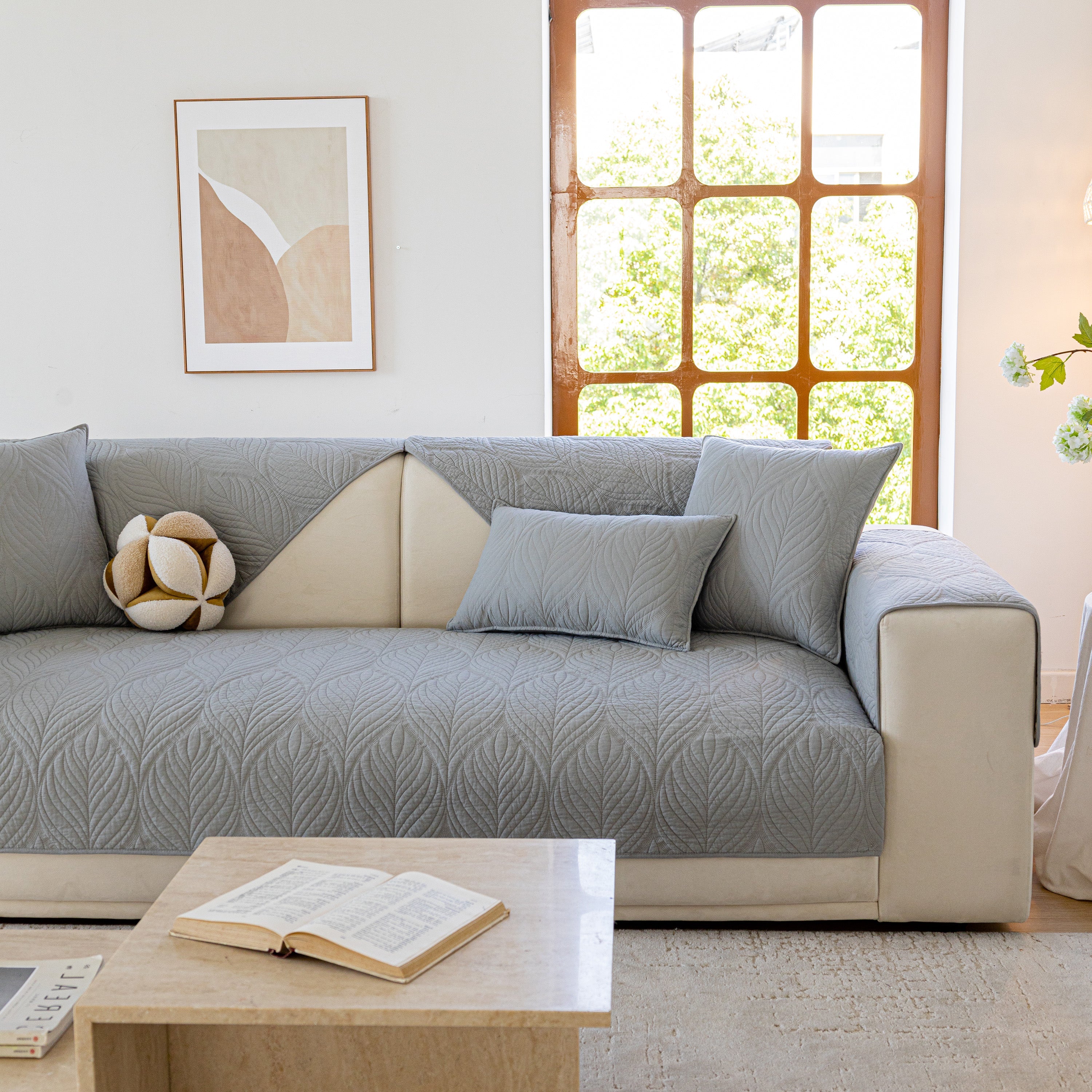 Leaf Vein Textured Cotton Quilted Sofa Slipcover, Non-slip Modular Couch Covers