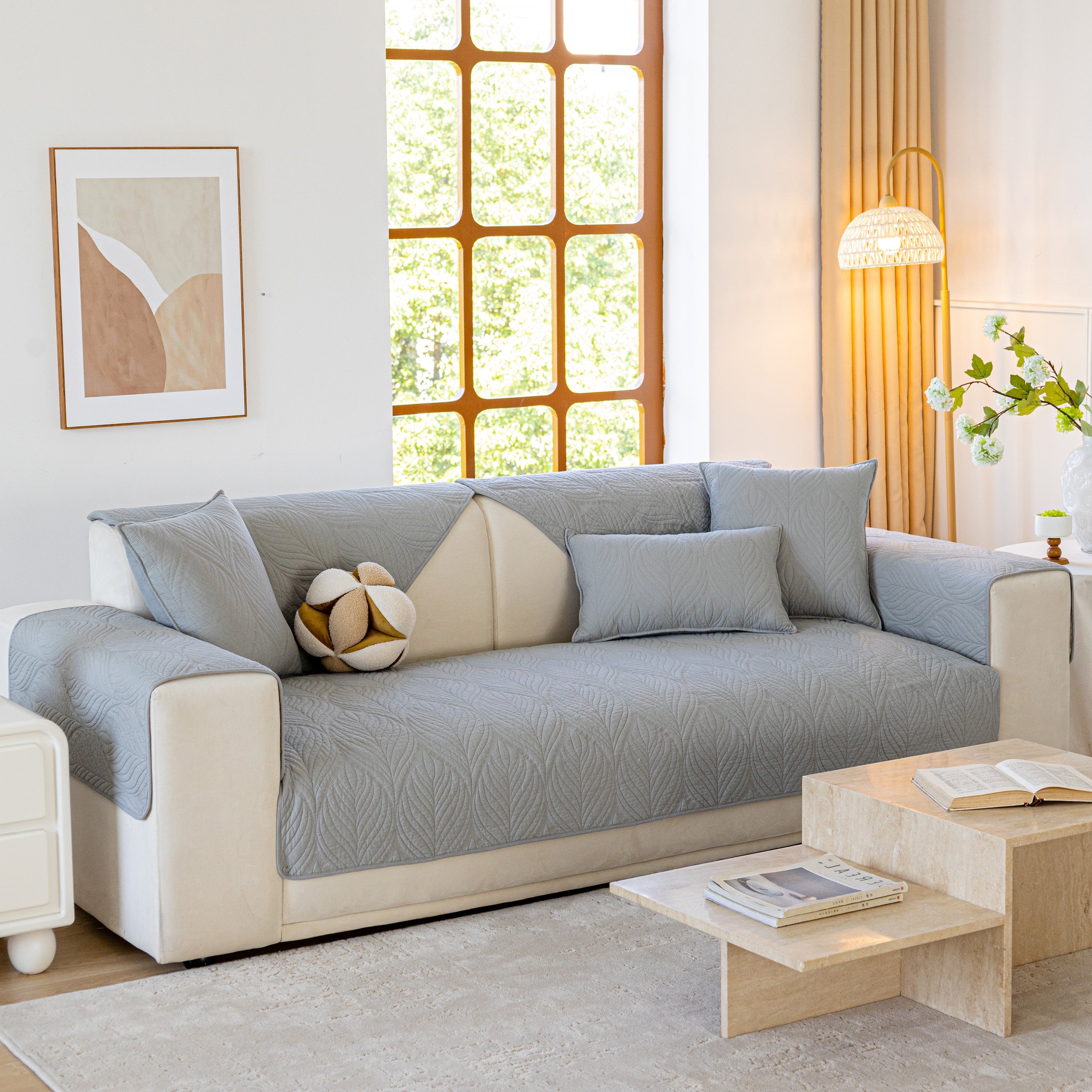 Leaf Vein Textured Cotton Quilted Sofa Slipcover, Non-slip Modular Couch Covers