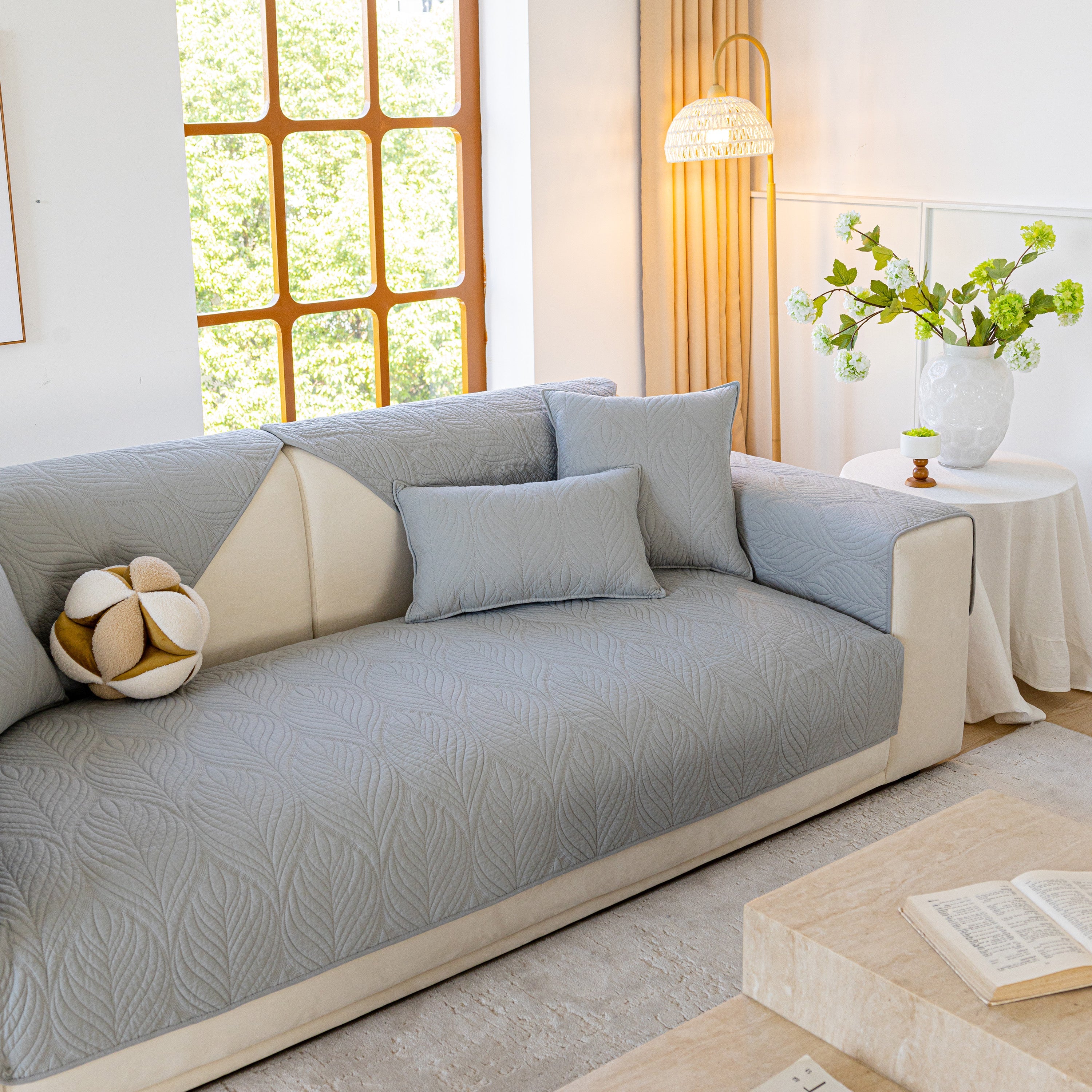Leaf Vein Textured Cotton Quilted Sofa Slipcover, Non-slip Modular Couch Covers