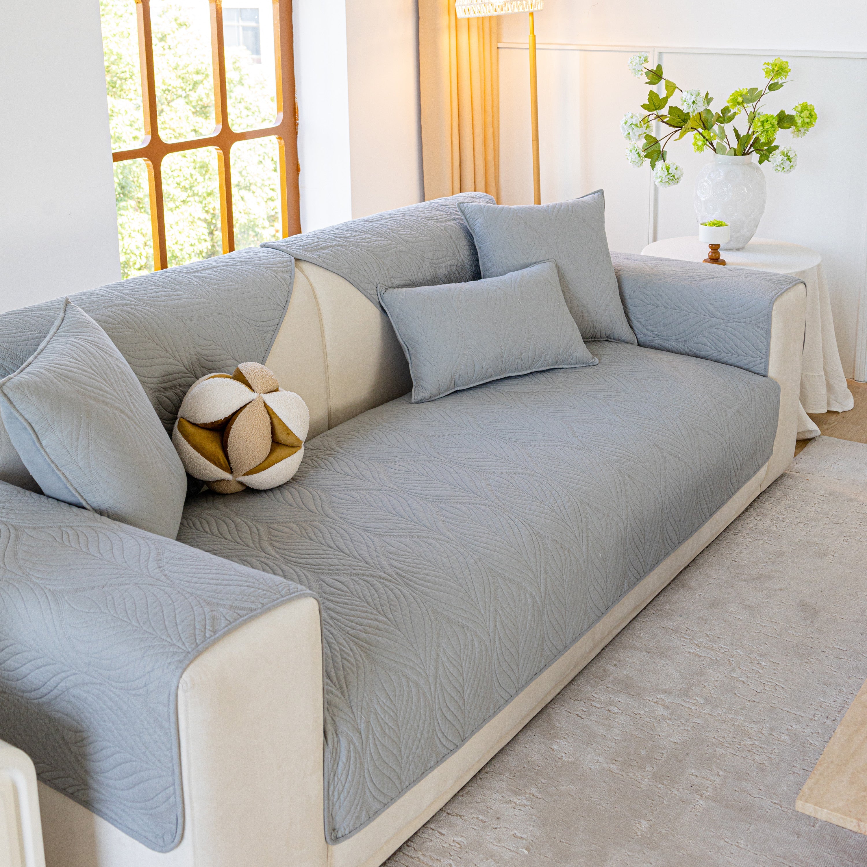 Leaf Vein Textured Cotton Quilted Sofa Slipcover, Non-slip Modular Couch Covers