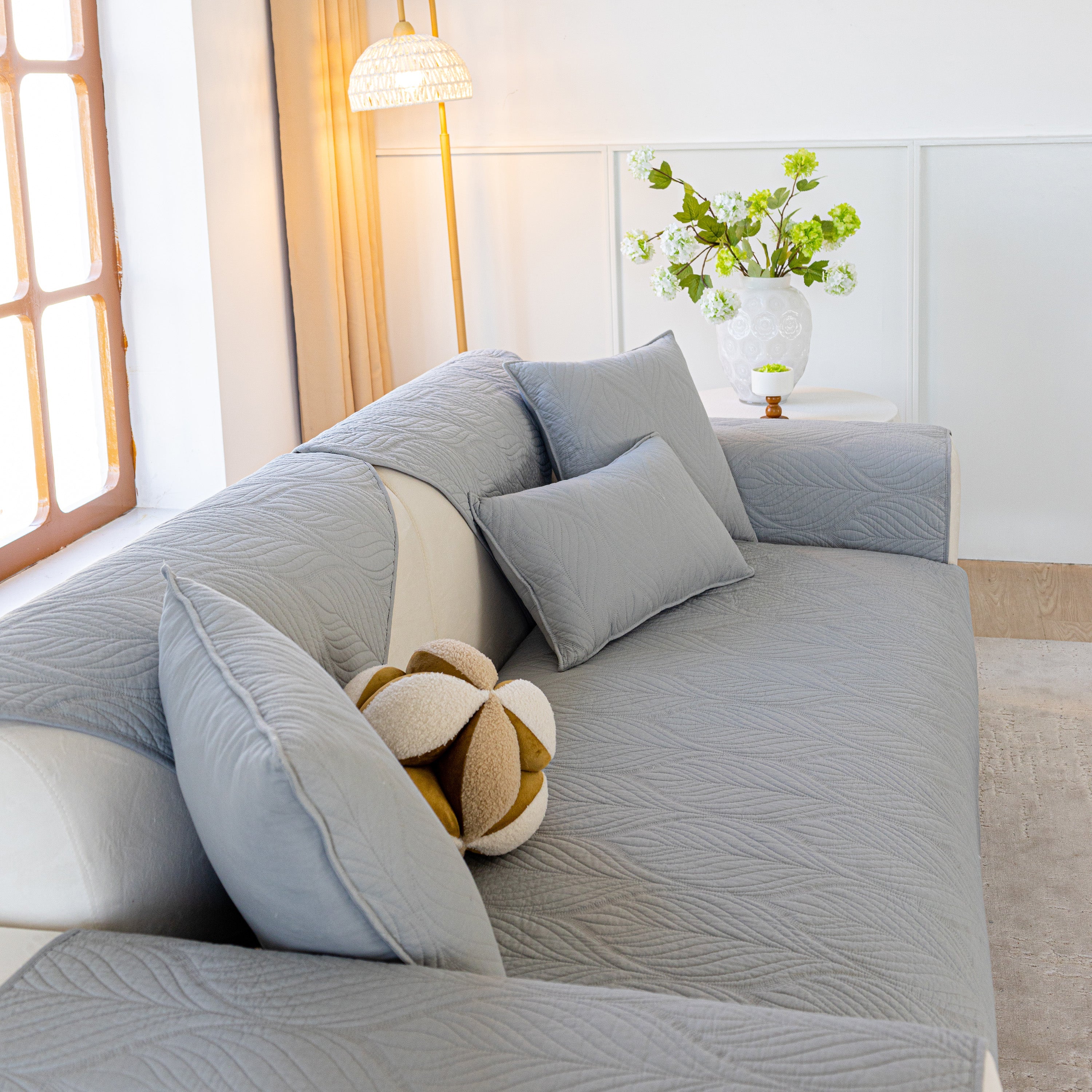 Leaf Vein Textured Cotton Quilted Sofa Slipcover, Non-slip Modular Couch Covers