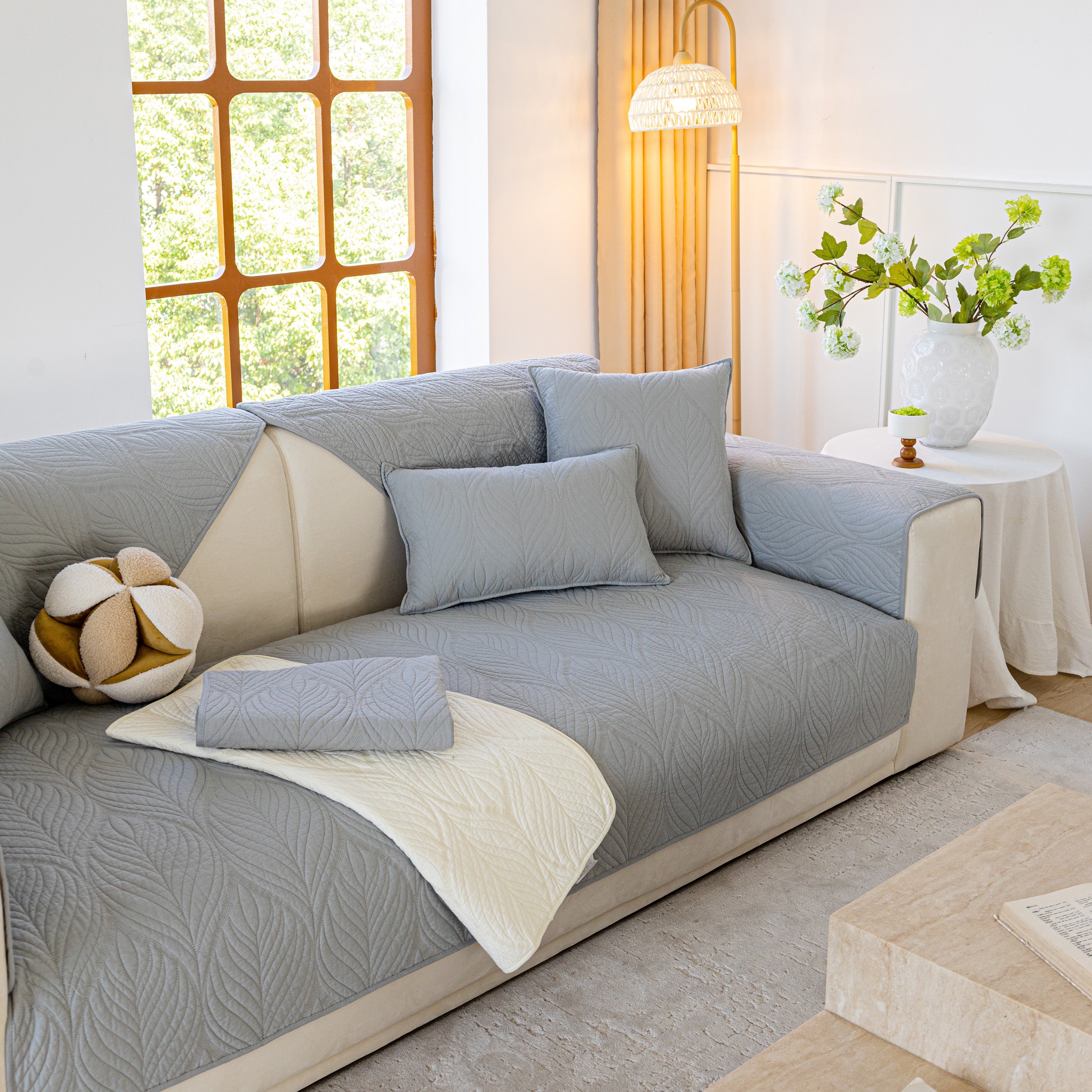 Leaf Vein Textured Cotton Quilted Sofa Slipcover, Non-slip Modular Couch Covers